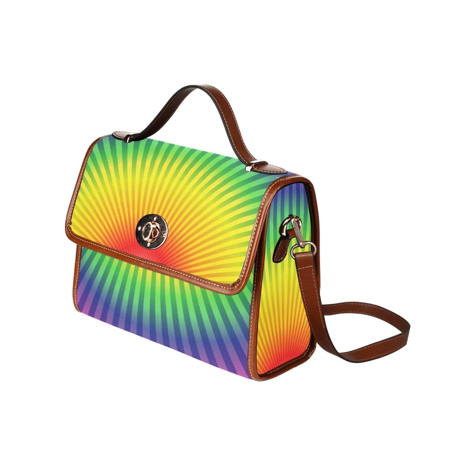 Top Handle Handbag featuring a vibrant multicolor rainbow radial design, made from waterproof canvas with double PU leather handles.