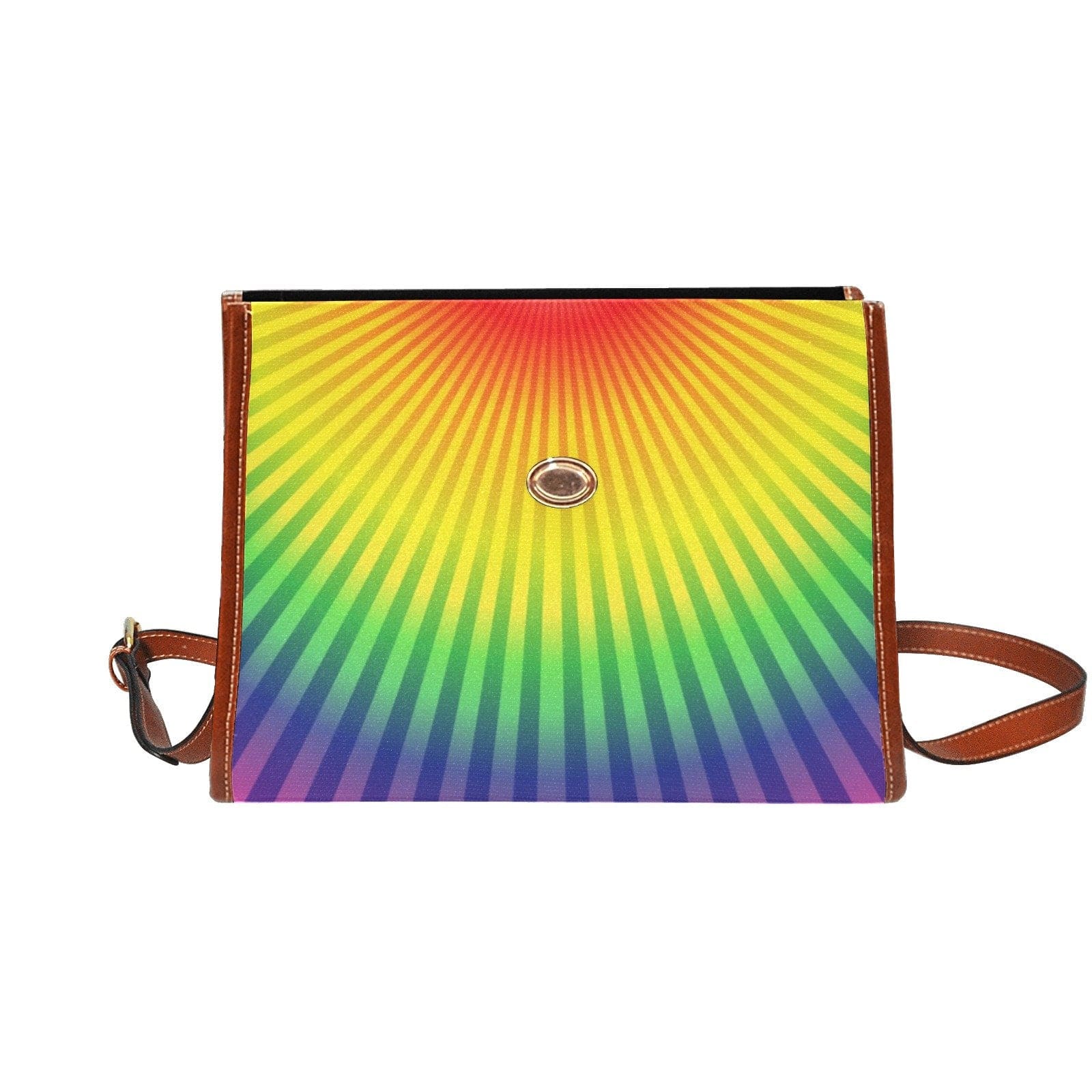 Top Handle Handbag featuring a vibrant multicolor rainbow radial design, made from waterproof canvas with double PU leather handles.