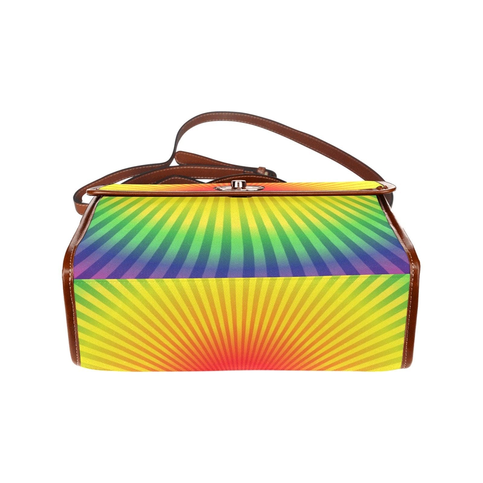 Top Handle Handbag featuring a vibrant multicolor rainbow radial design, made from waterproof canvas with double PU leather handles.