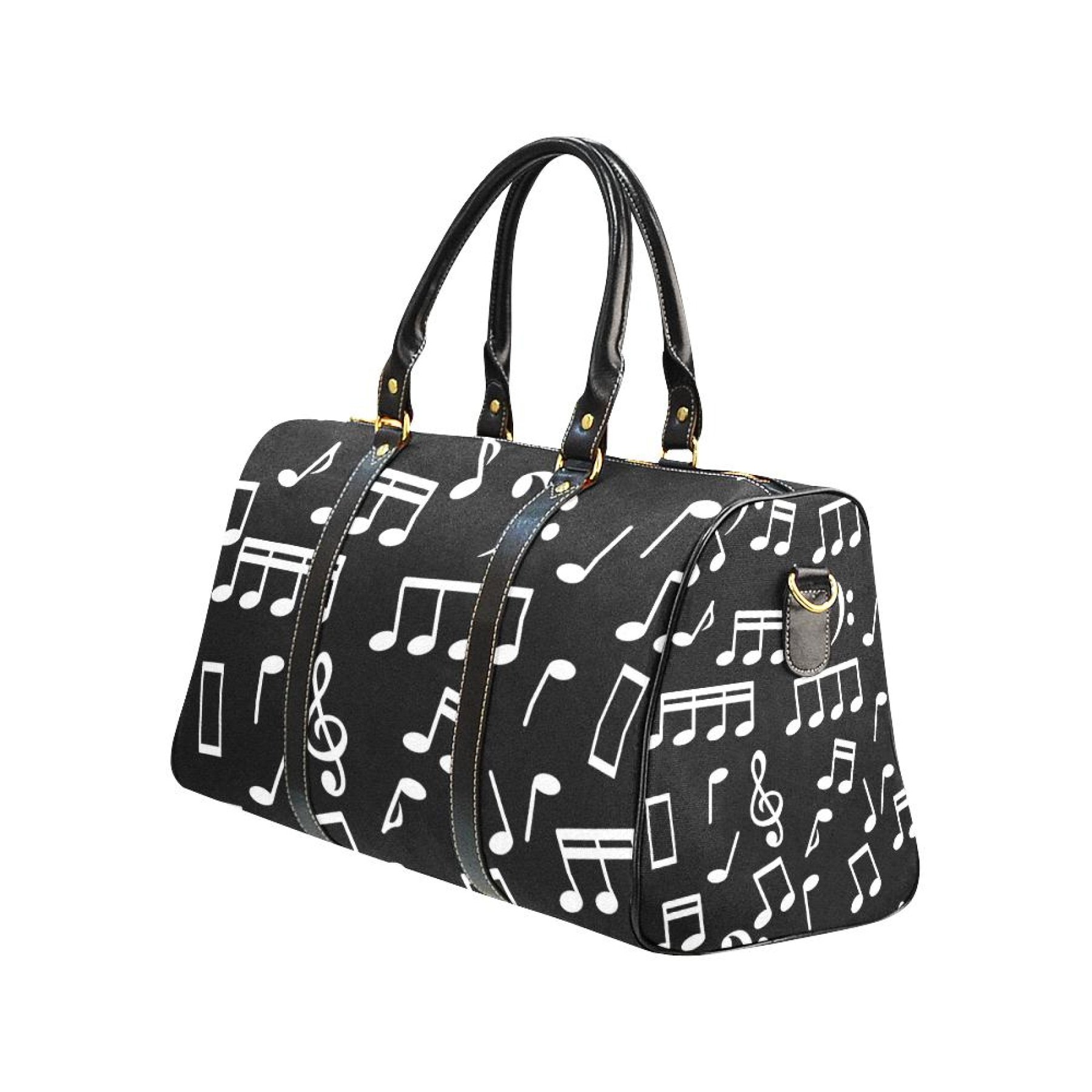 Large black leather travel bag with music notes design, featuring sturdy handles and adjustable shoulder strap.