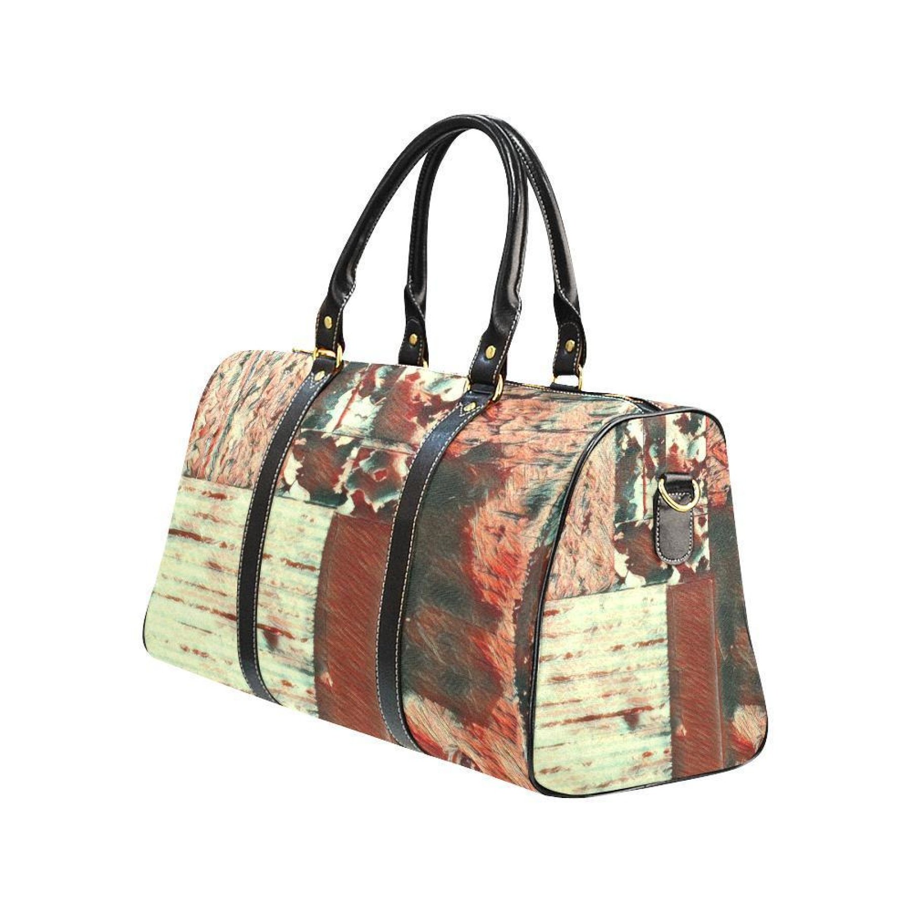 Rustic Brown Leather Carry On Travel Bag with sturdy handles and adjustable shoulder strap, made from waterproof fabric.