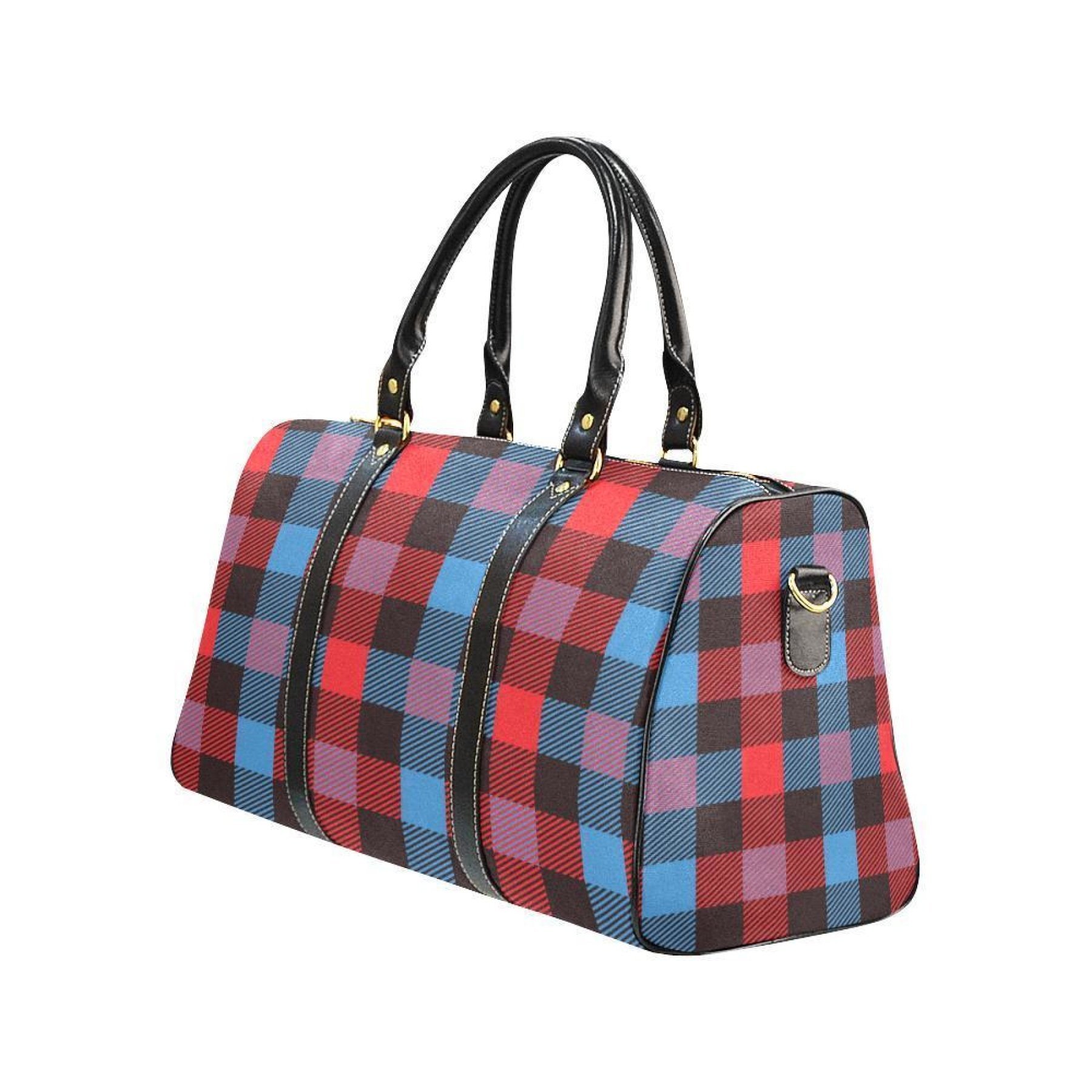 Stylish Travel Bag featuring a Red Blue Black Grid design, showcasing durable handles and spacious interior.