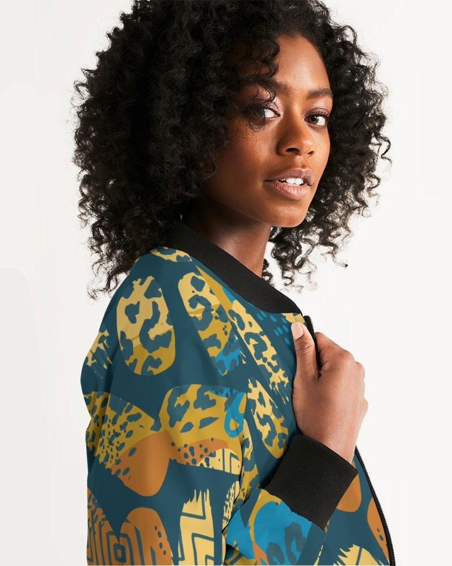Tribal Blue Abstract Women's Bomber Jacket featuring ribbed collar and cuffs, metal zip closure, and stylish design.