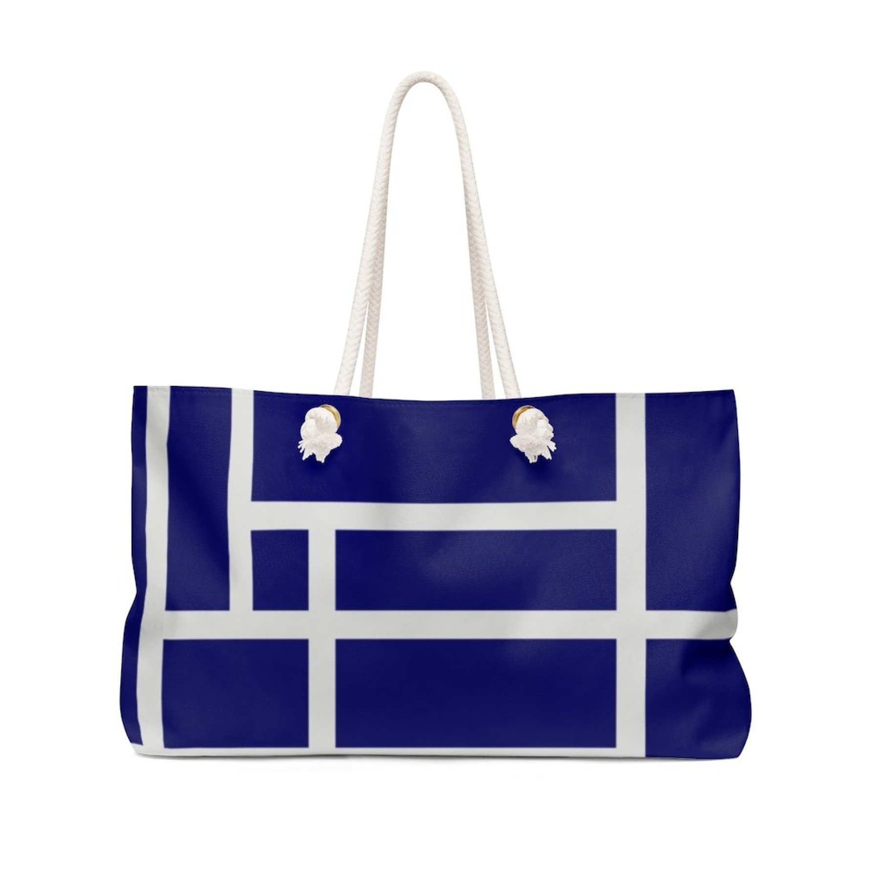 Blue Colorblock Weekender Tote Bag with thick rope handles and spacious interior, perfect for beach trips and casual outings.