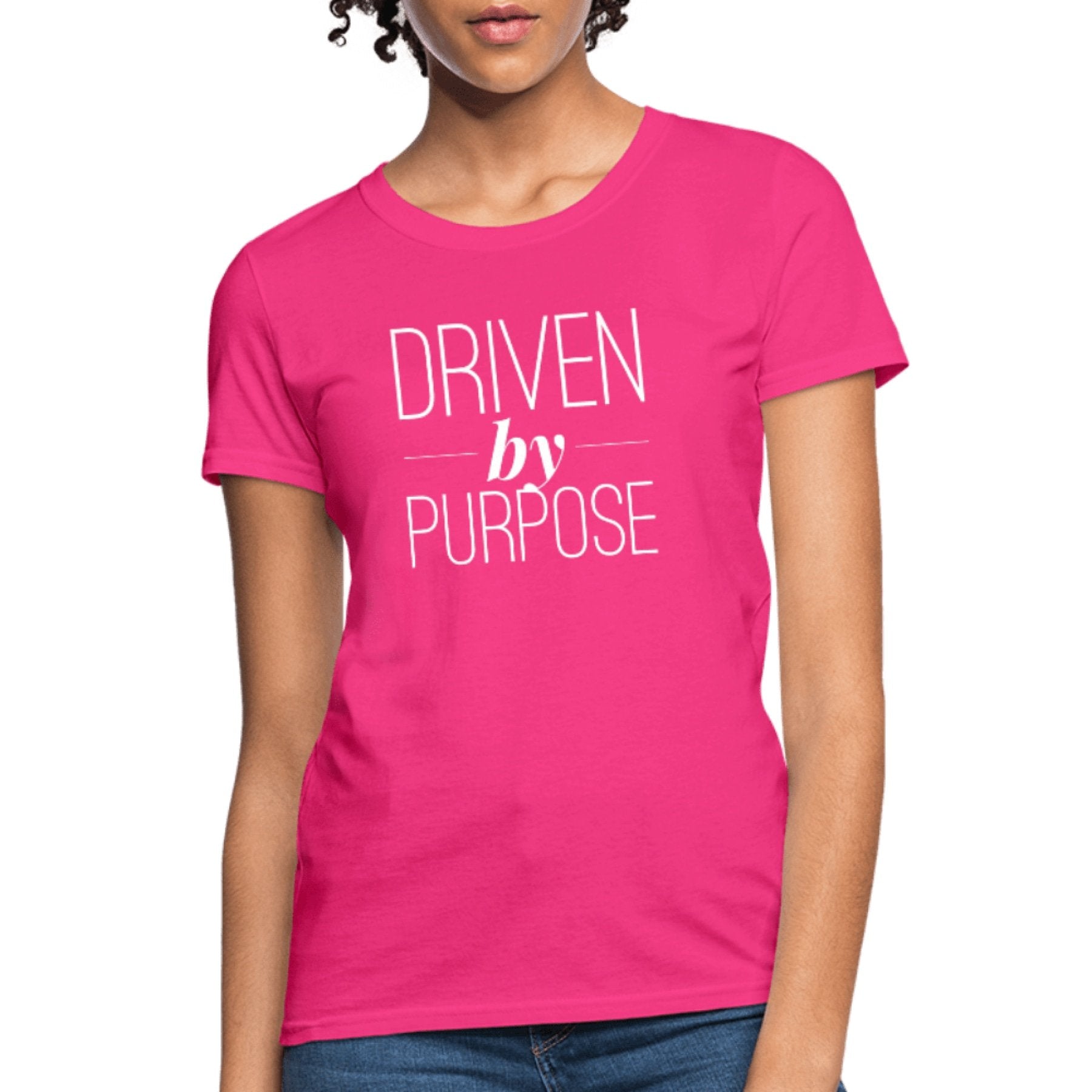 A stylish Uniquely Women's Graphic Tee featuring a 'Driven By Purpose' print, showcasing its feminine fit and vibrant color options.