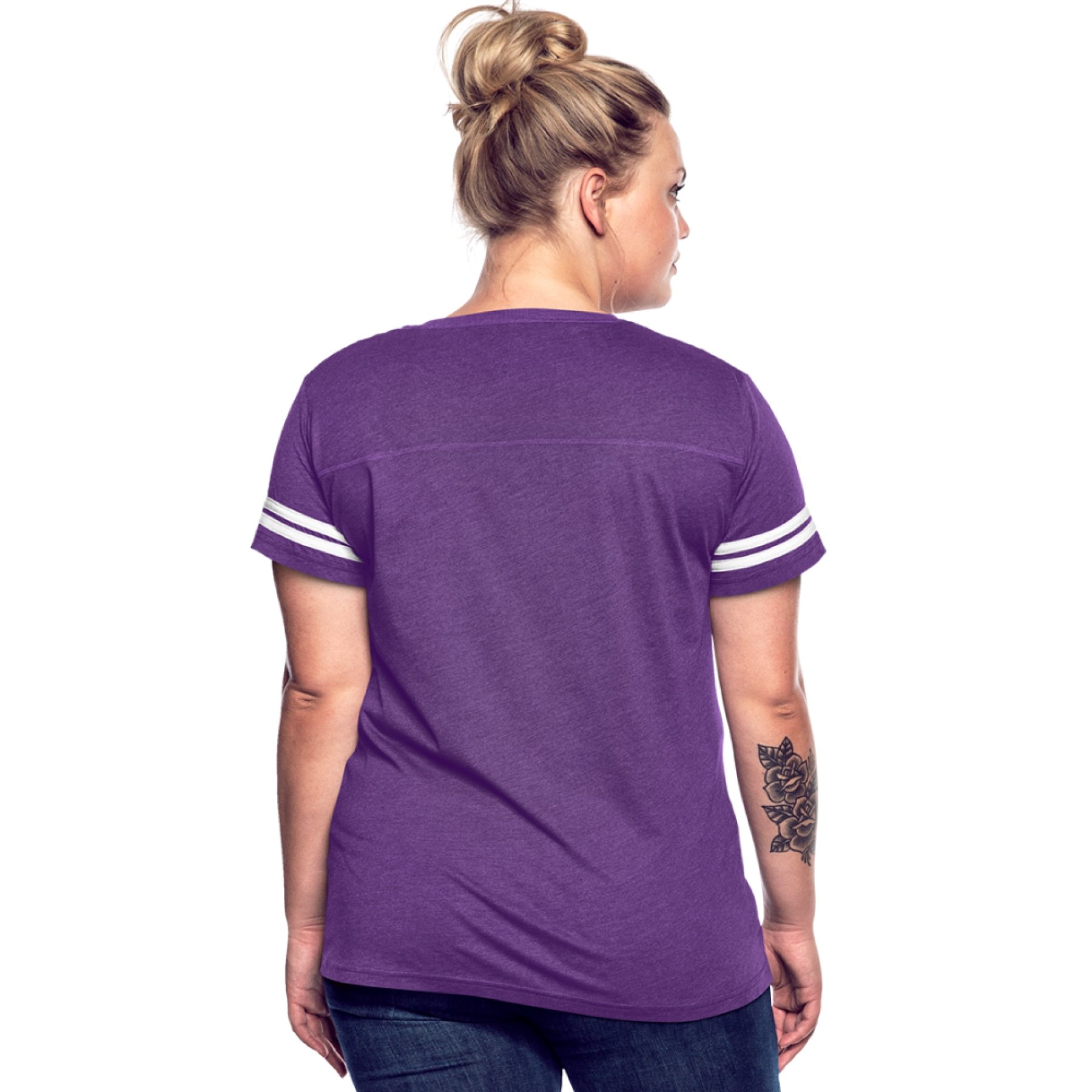 Womens Graphic Vintage Tee featuring Jehovah Shammah design with contrasting stripes on sleeves, showcasing a soft poly-cotton blend fabric.