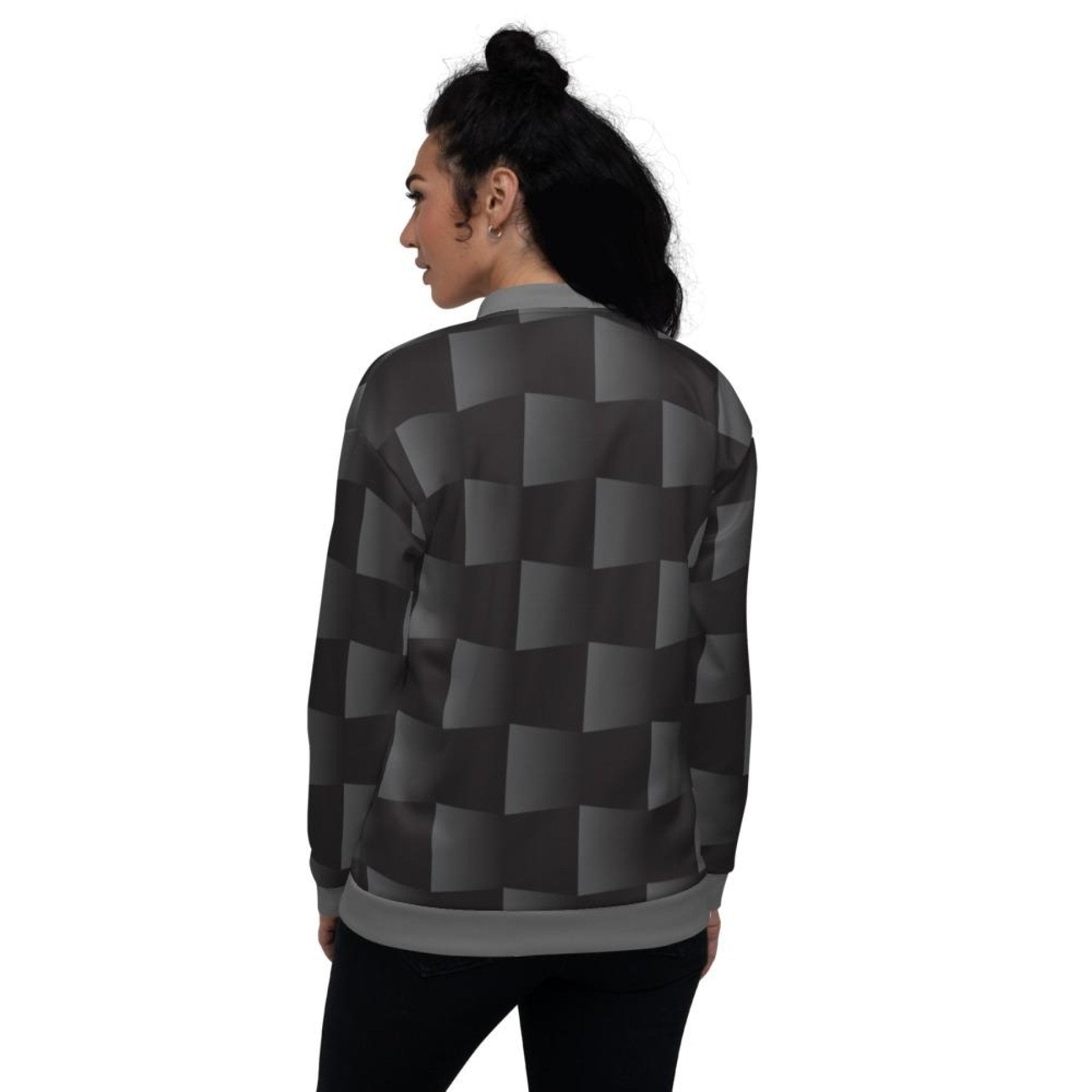 Women's Black and Gray 3D Square Style Bomber Jacket displayed on a mannequin, showcasing its stylish design and relaxed fit.