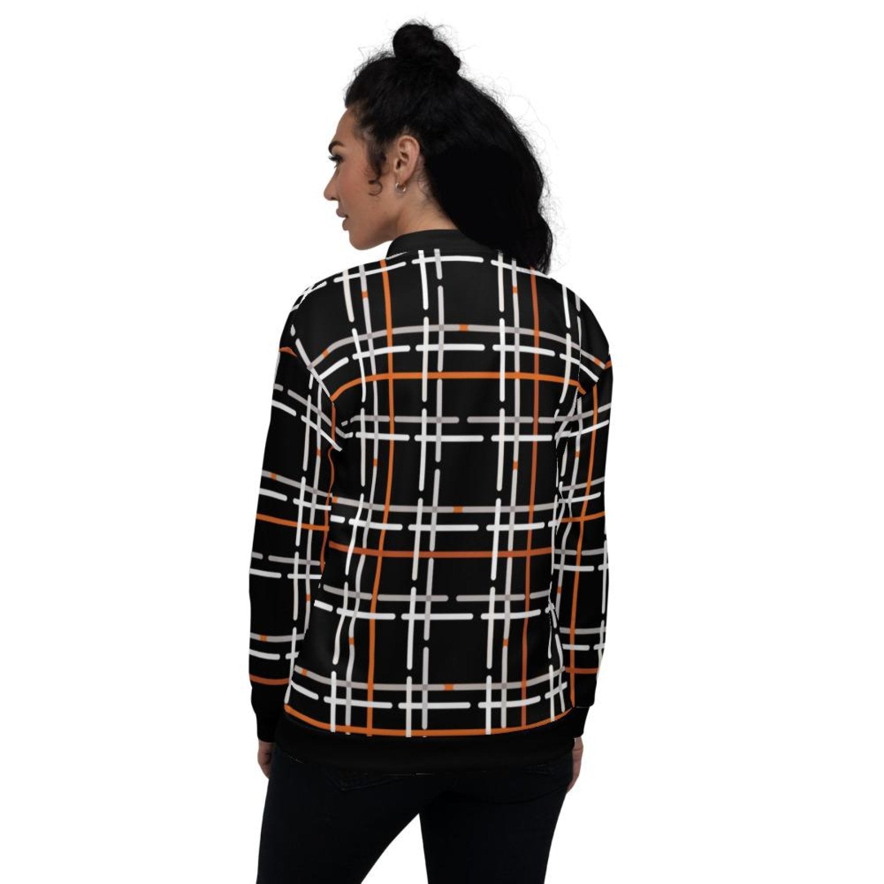 Women's Black and Orange Tartan Style Bomber Jacket with brushed fleece lining and two front pockets.