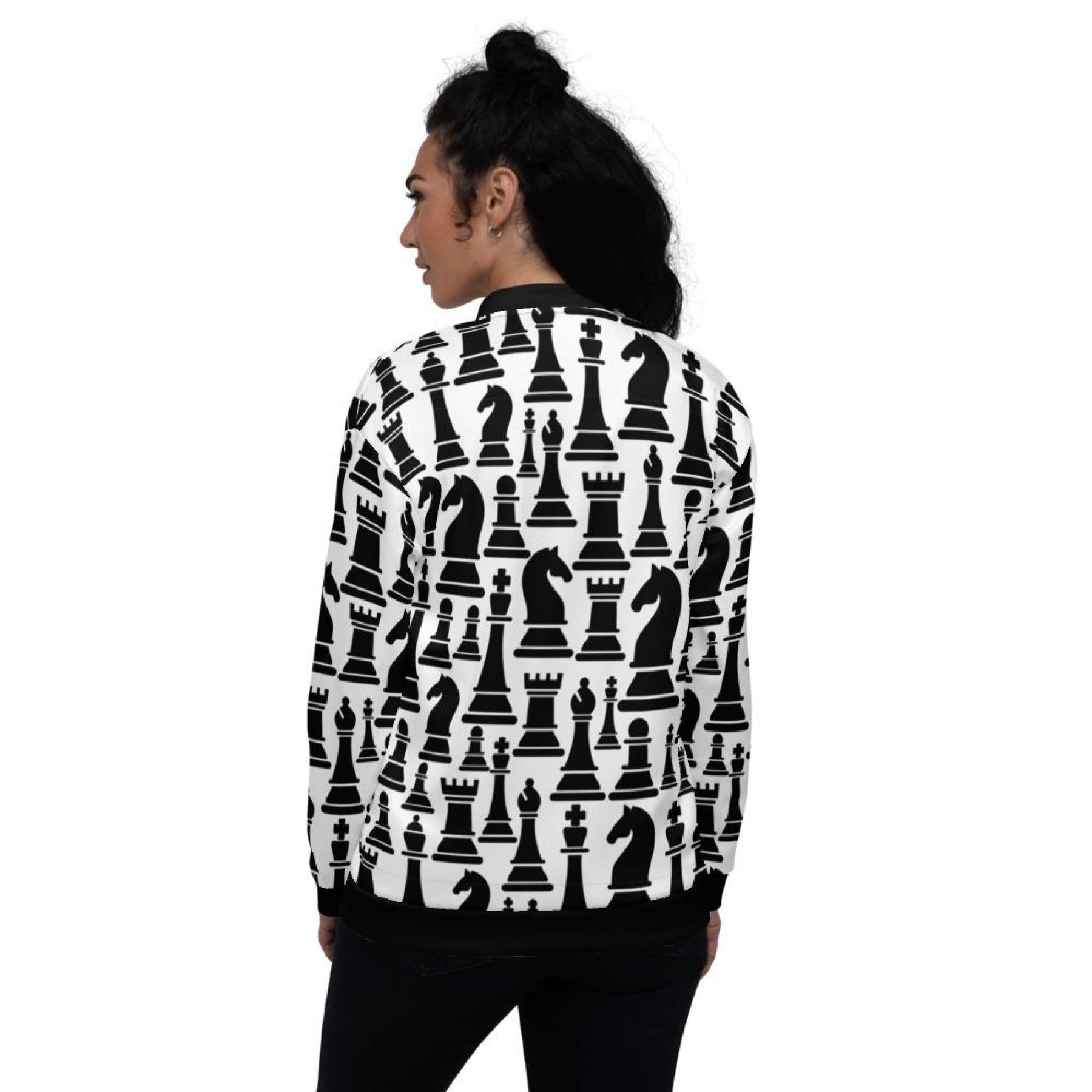Women's Black and White Chess Style Bomber Jacket featuring brushed fleece lining and relaxed fit, perfect for casual wear.