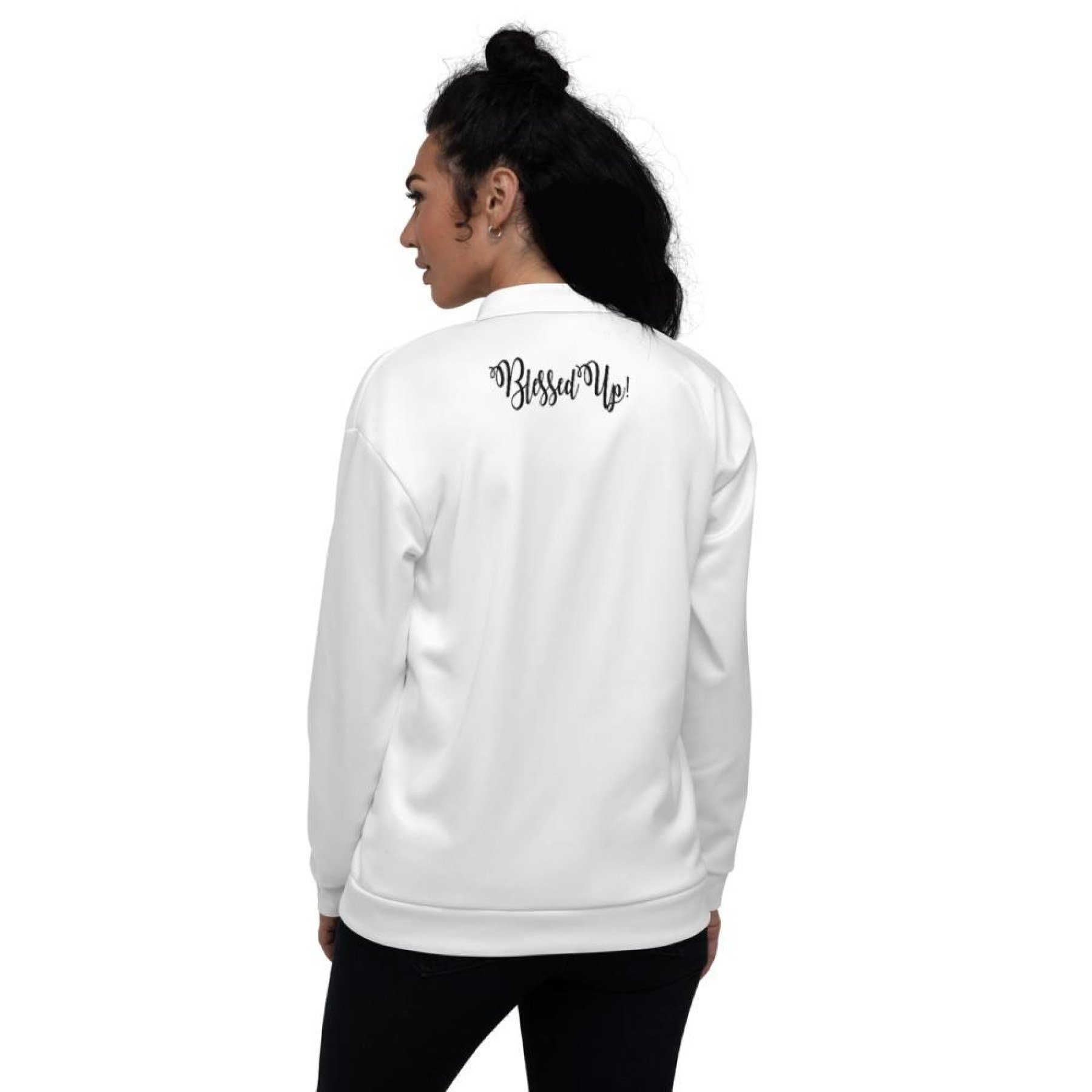 Womens Blessed Up Graphic Text Bomber Jacket featuring brushed fleece lining and stylish design.