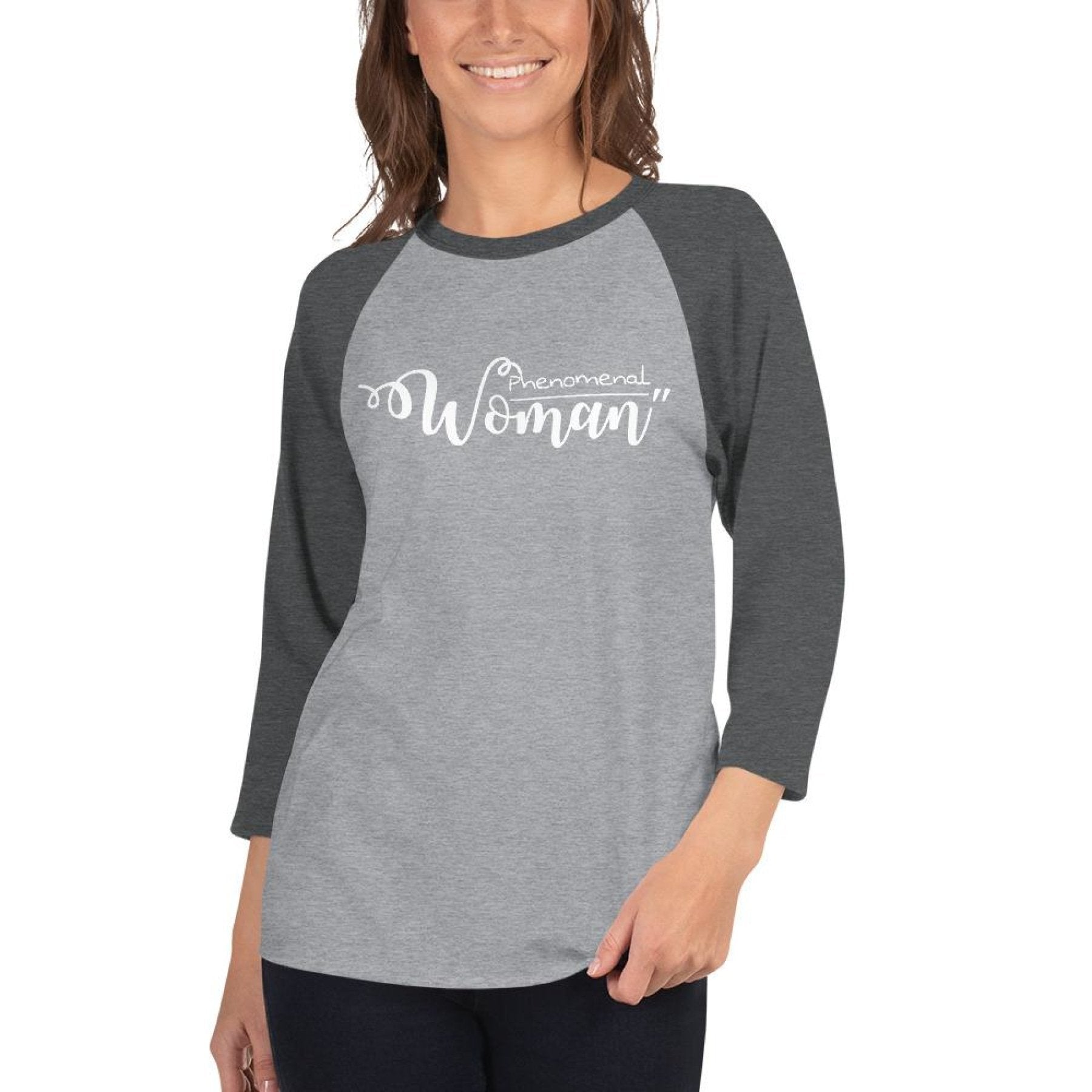 Women's Raglan Tee featuring a Phenomenal Woman graphic, showcasing a stylish ¾ sleeve design in a soft cotton blend.