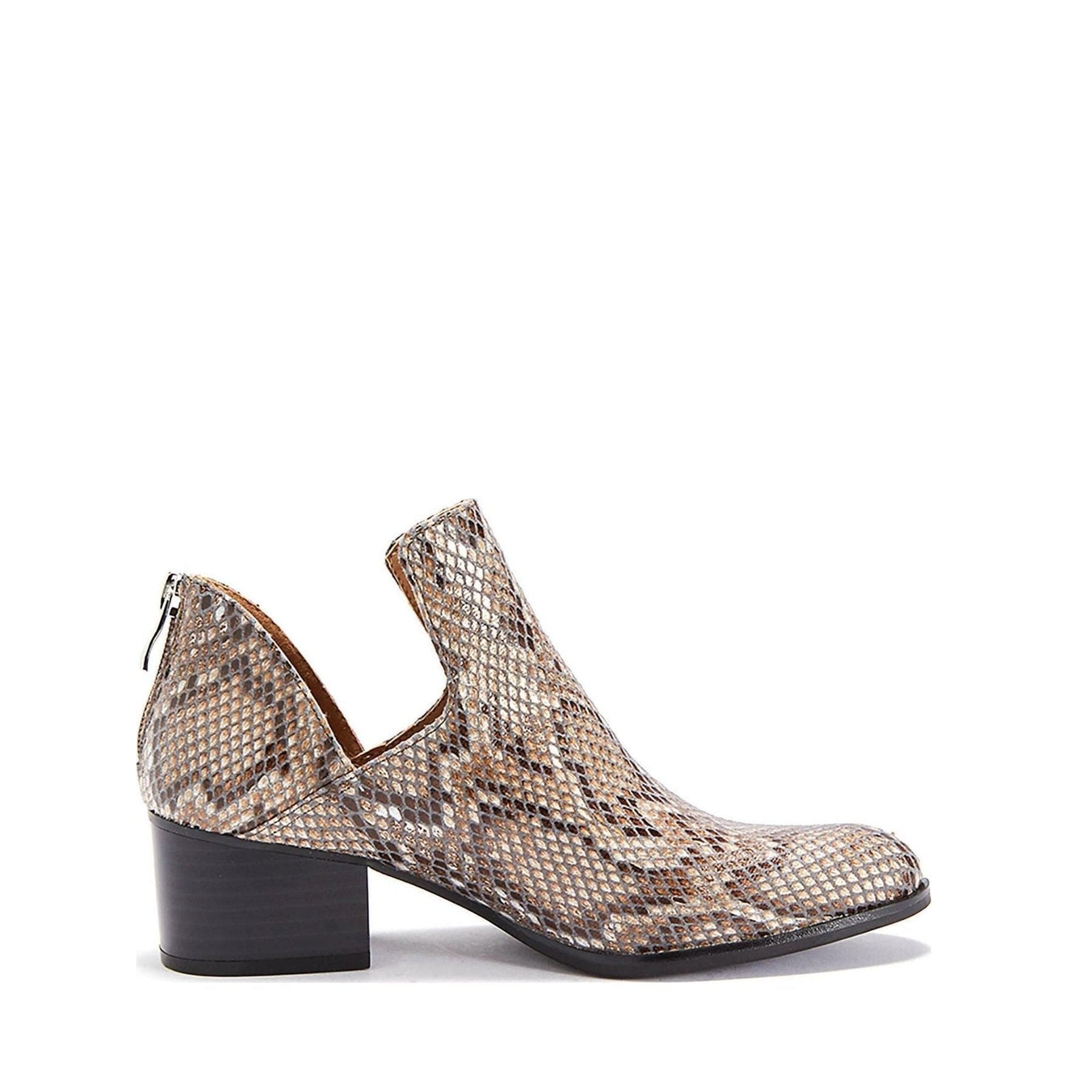 Stylish Women's Low Heel Snakeskin Fredricka Booties in beige with zip closure and almond toe design.