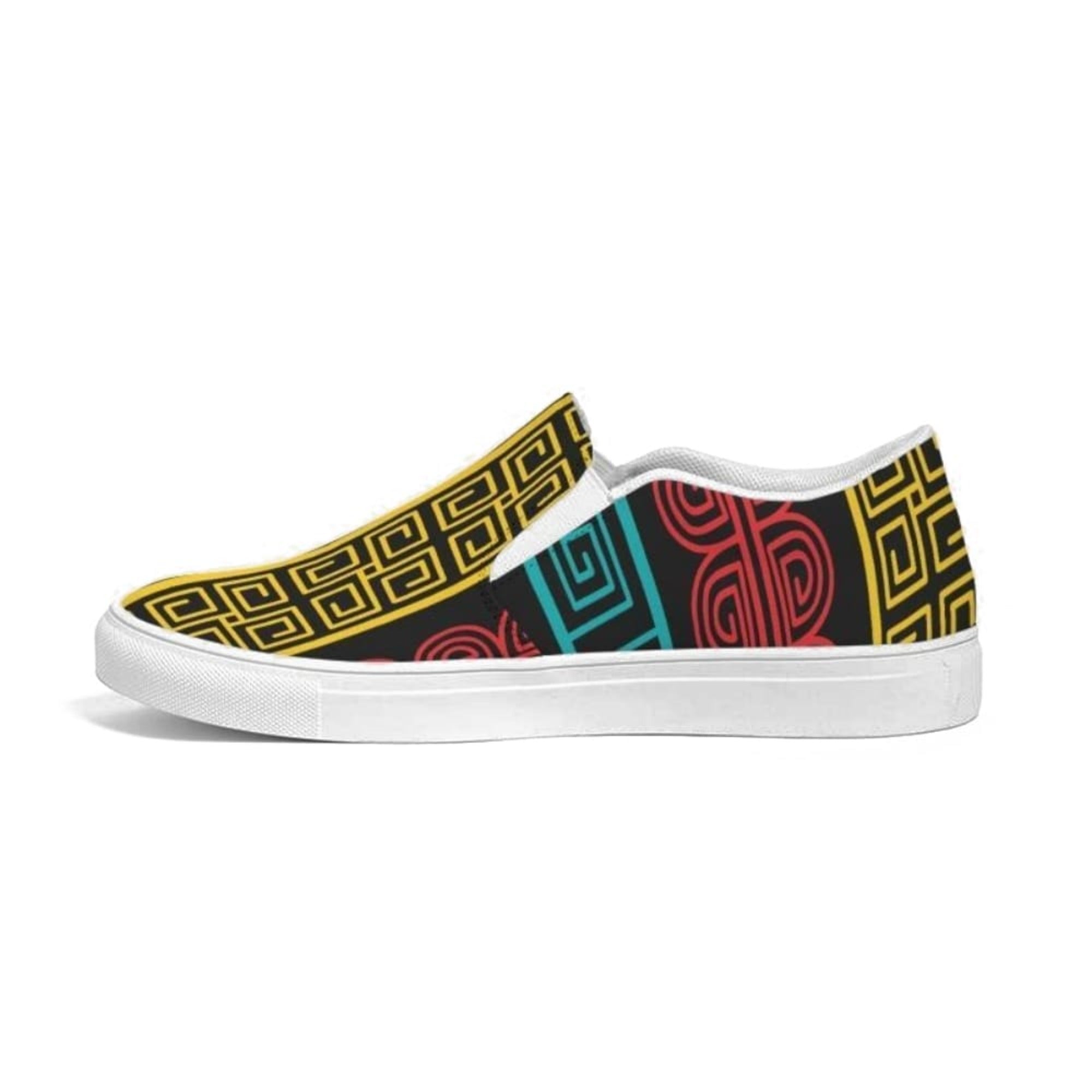 A pair of colorful women's slip-on canvas sneakers featuring a vibrant print, elastic side accents, and a durable rubber outsole.