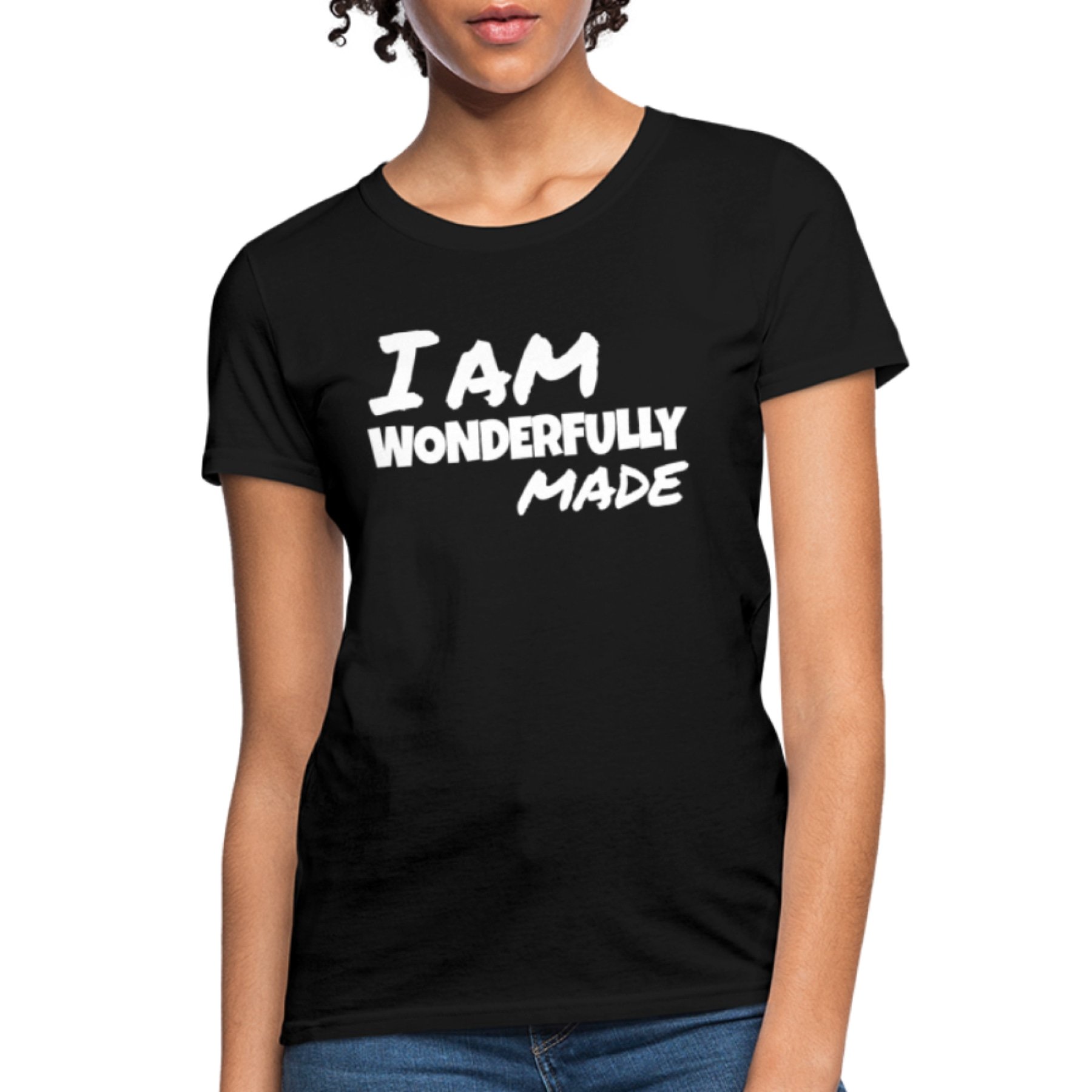 A stylish women's T-shirt featuring the phrase 'I Am Wonderfully Made' in a feminine fit, available in various colors.