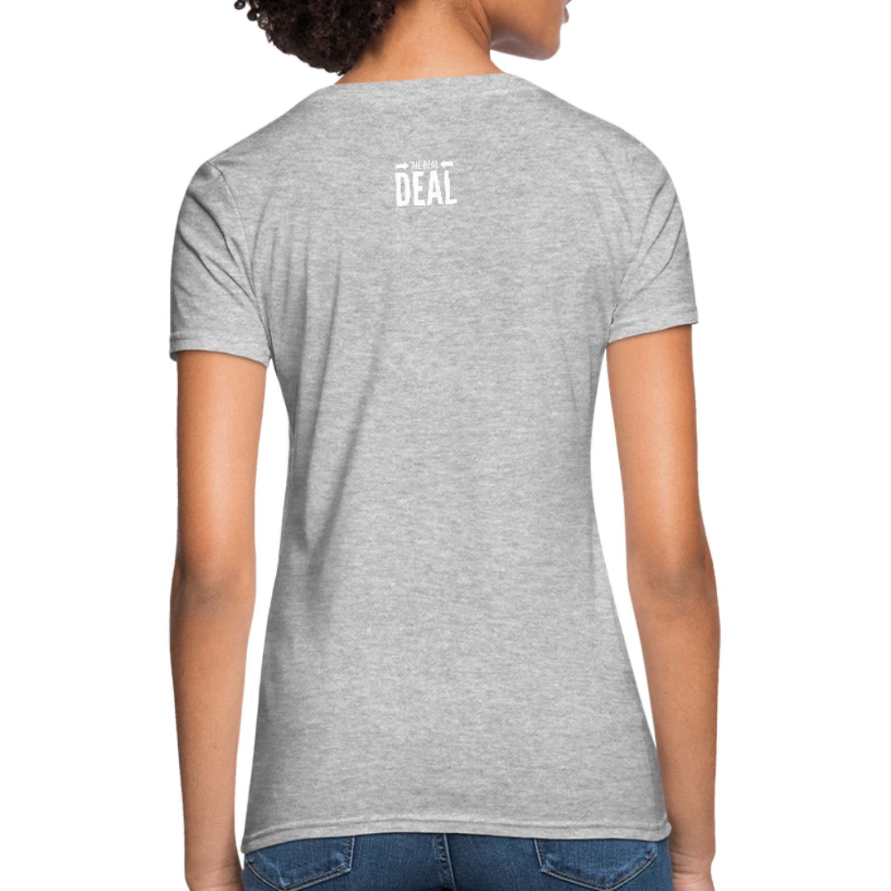 Womens T-shirt featuring The Real Deal Double Arrow Graphic design, showcasing a feminine fit and available in various colors.