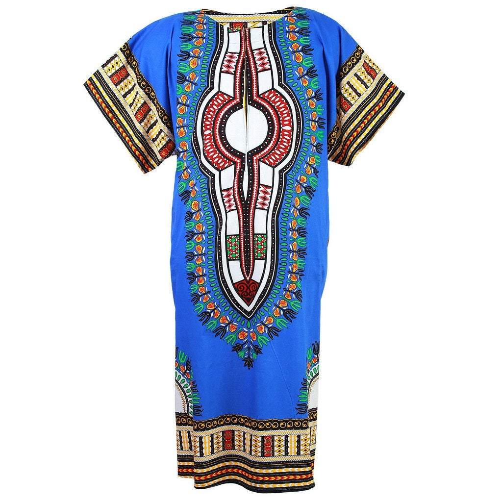 A vibrant blue African Maxi Dashiki Dress featuring intricate dashiki prints, showcasing its comfortable and stylish design.