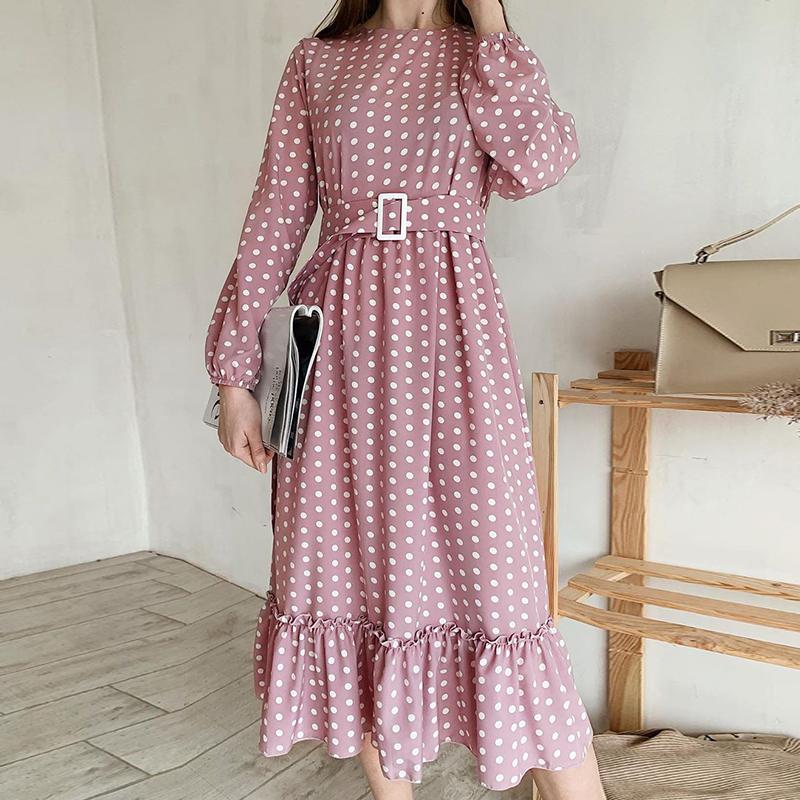 A-line pink dress with ruffled polka dots and elegant sashes, perfect for women in autumn.