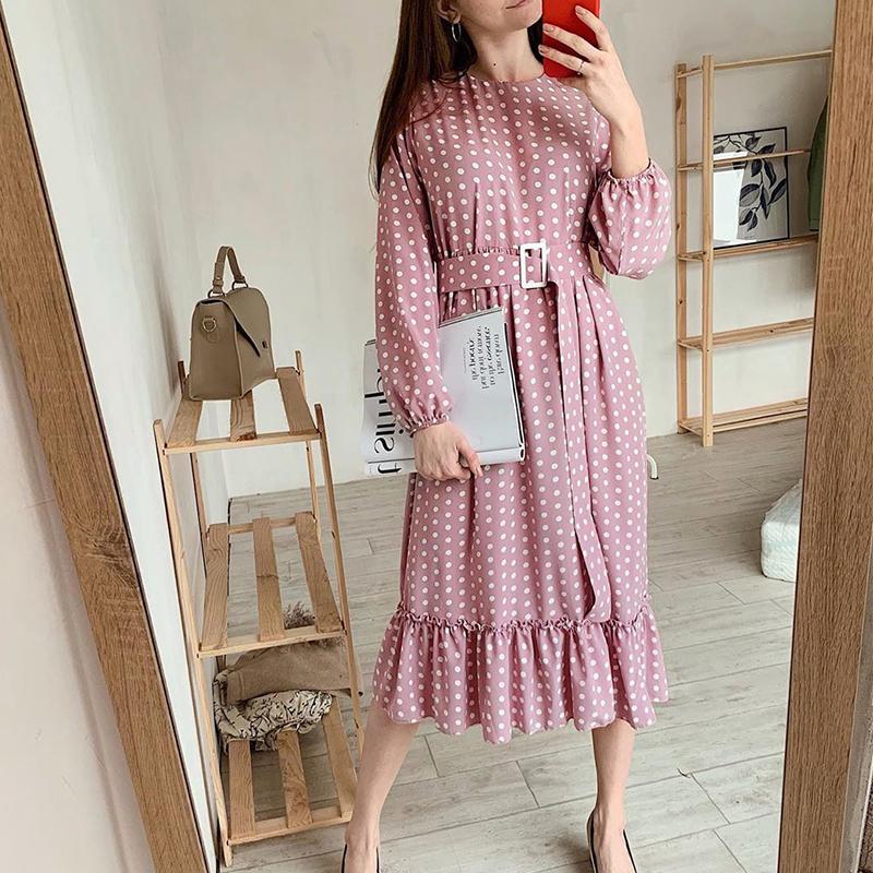 A-line pink dress with ruffled polka dots and elegant sashes, perfect for women in autumn.