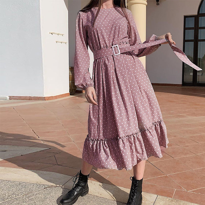 A-line pink dress with ruffled polka dots and elegant sashes, perfect for women in autumn.