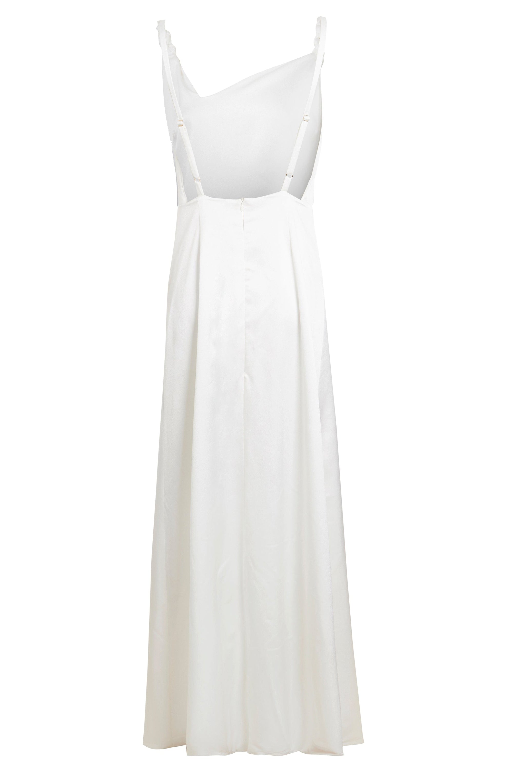 Asymmetric White Maxi Dress featuring a backless design and thigh-high slit, elegantly draped in silky satin fabric.