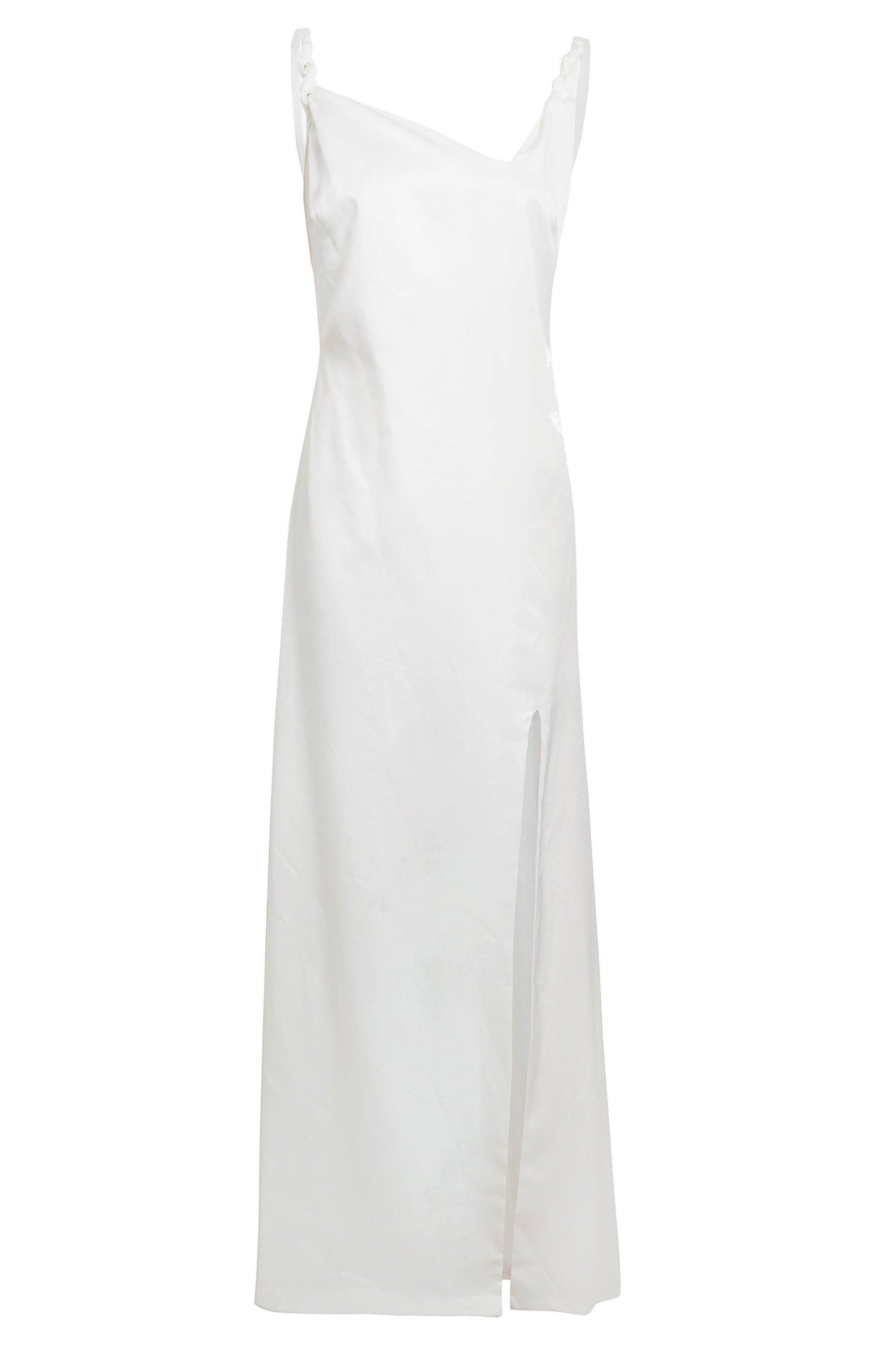 Asymmetric White Maxi Dress featuring a backless design and thigh-high slit, elegantly draped in silky satin fabric.