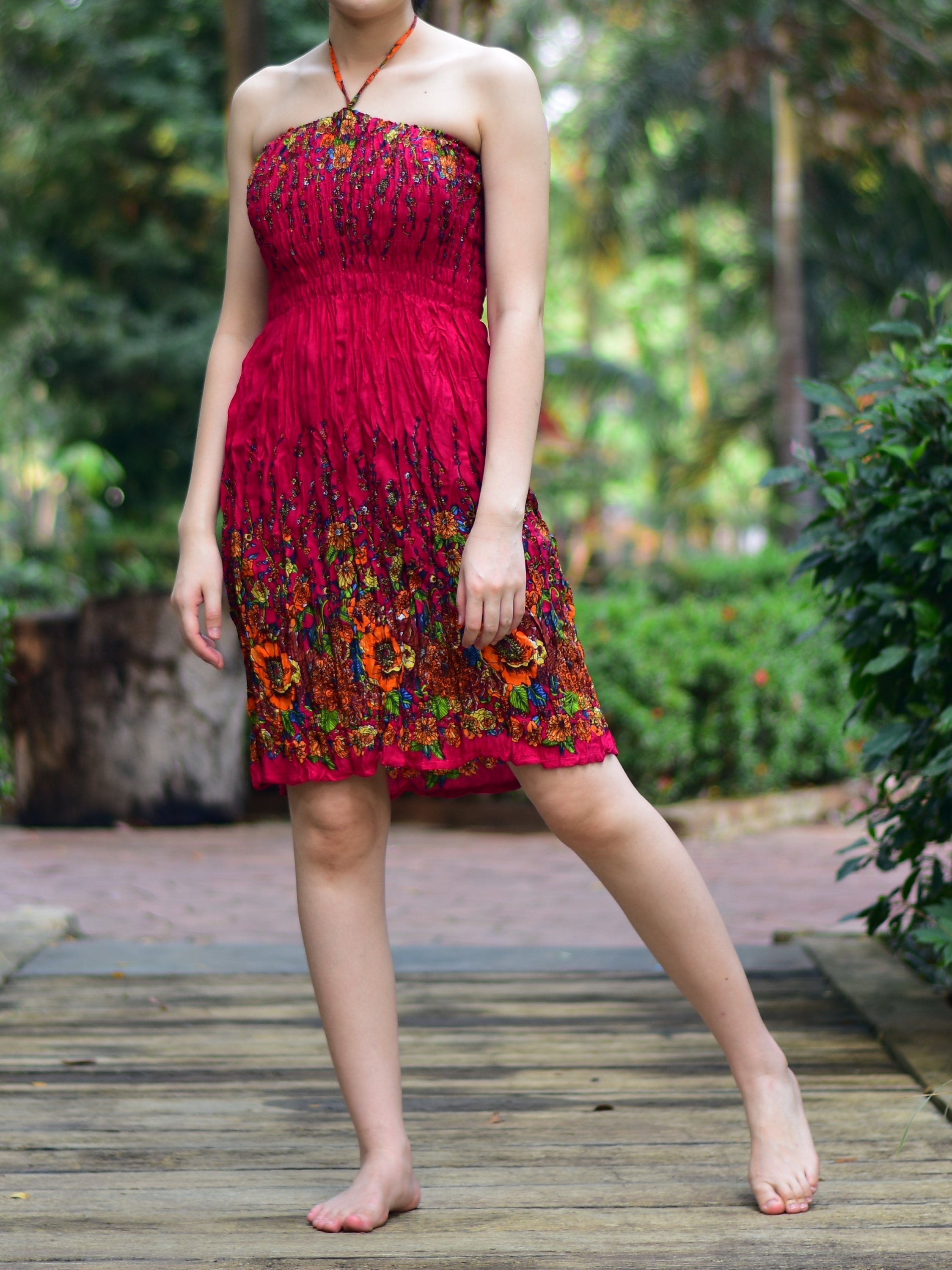 Bohotusk Dark Red Floral Print Short Mini Tube Dress featuring a tie neck and smocked chest, perfect for summer wear.