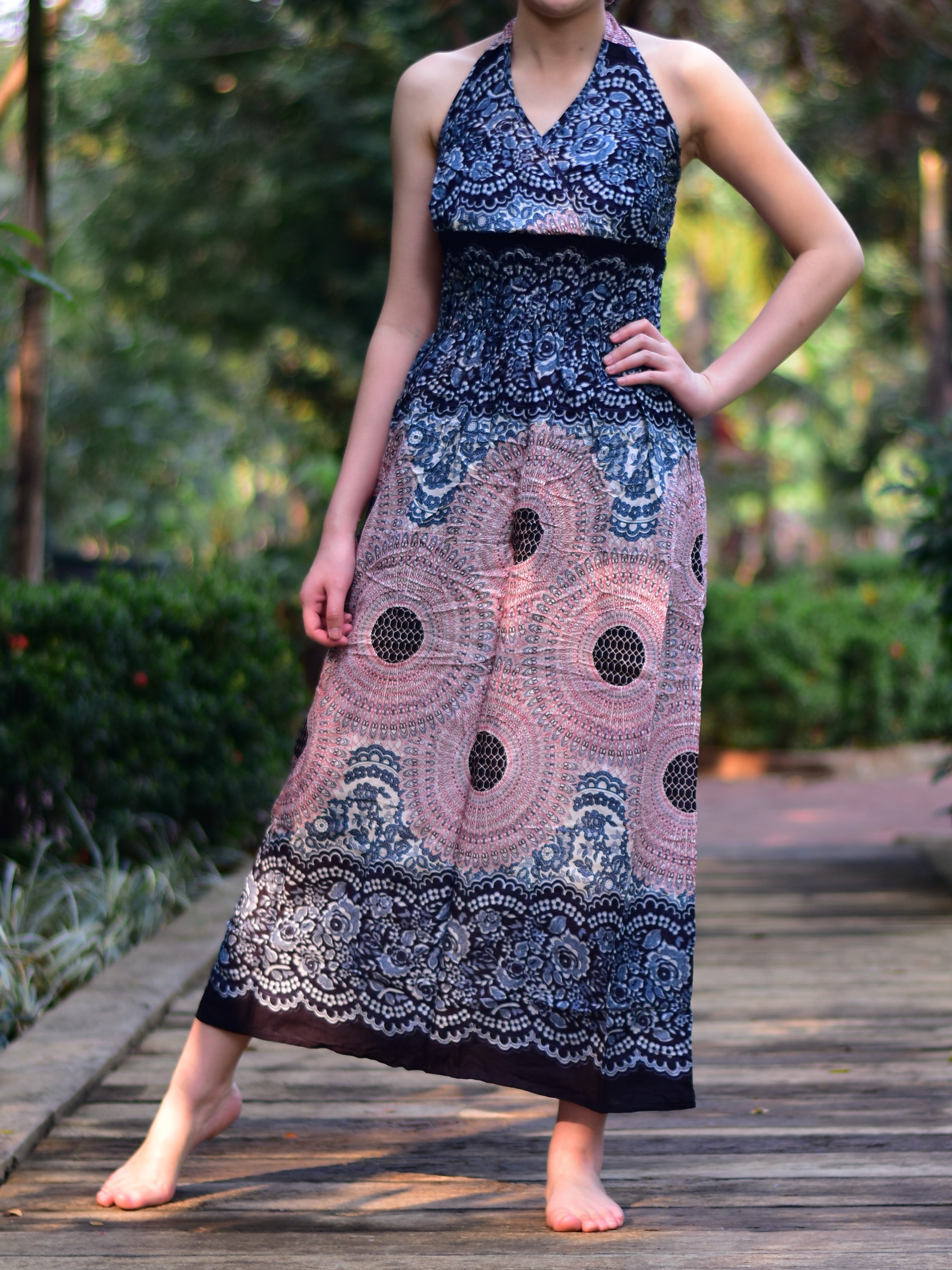 Bohotusk Light Pink & White Sun Glow Print Tie Neck Maxi Dress displayed on a mannequin, showcasing its elegant design and comfortable fit.