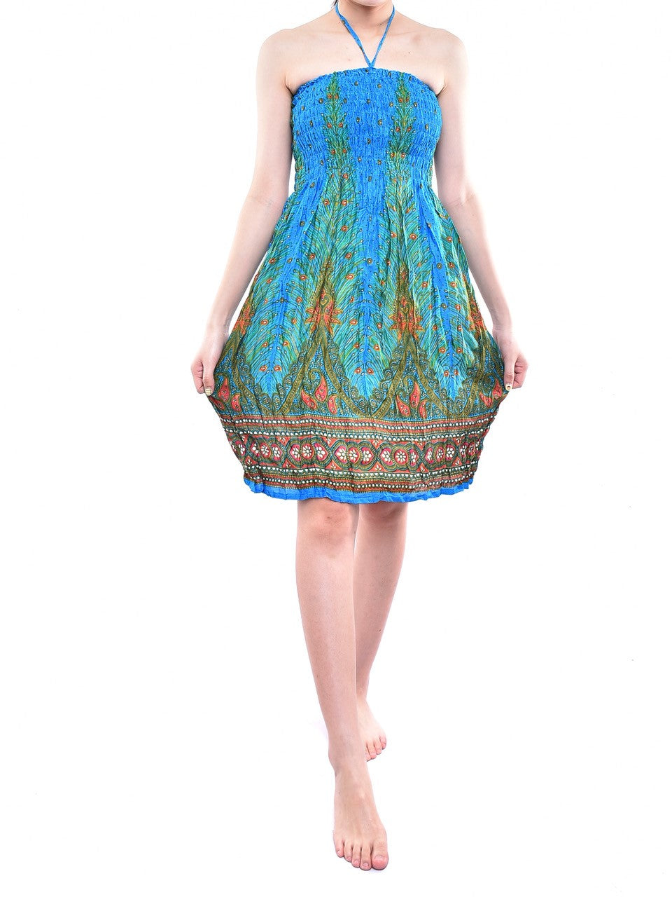 Bohotusk Sky Blue Peacock Print Short Mini Tube Dress featuring a tie neck and smocked chest, perfect for summer outings.