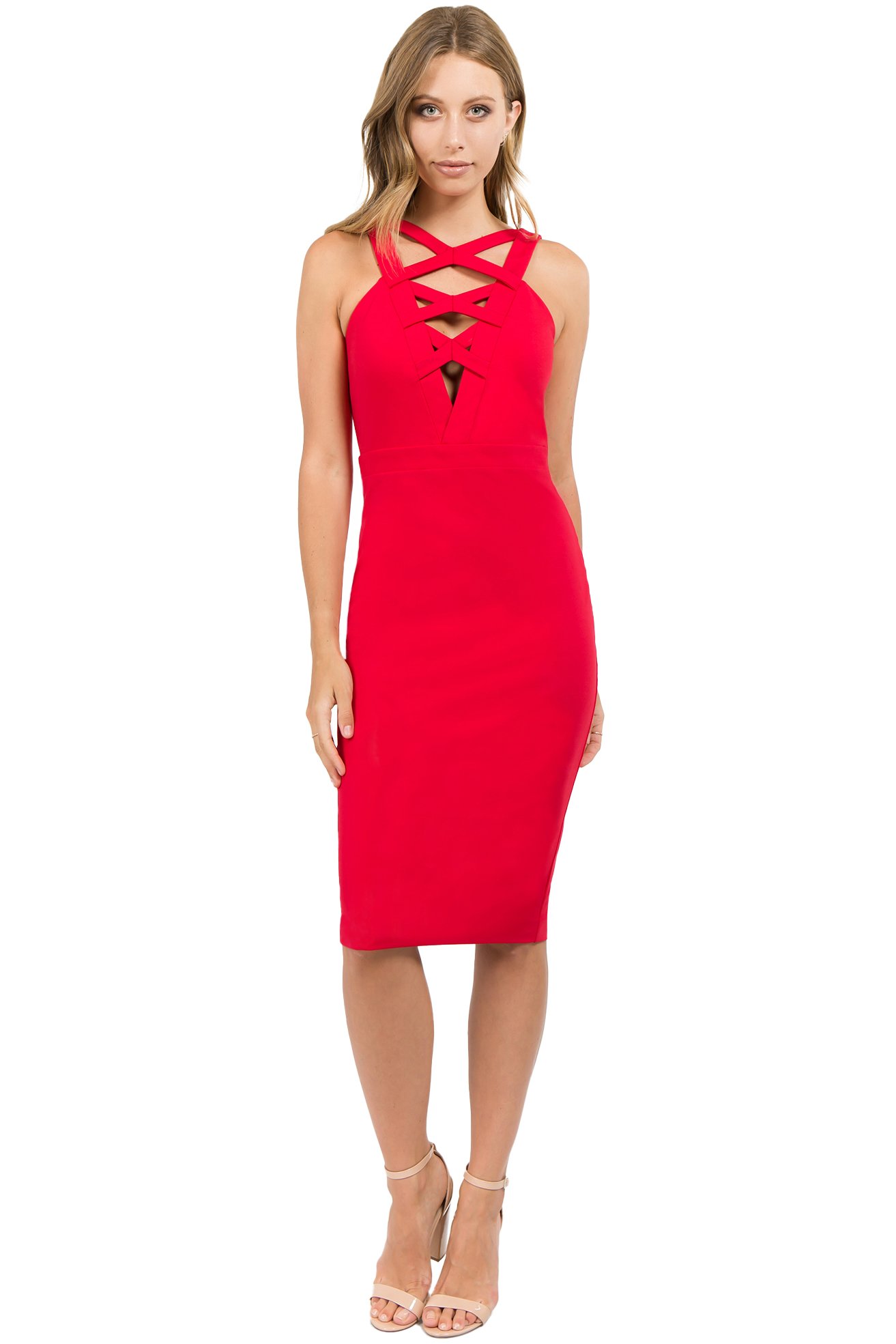 A stunning red Bondage Dress featuring a bodycon fit with strappy criss-cross details on the front and back, perfect for evening wear.