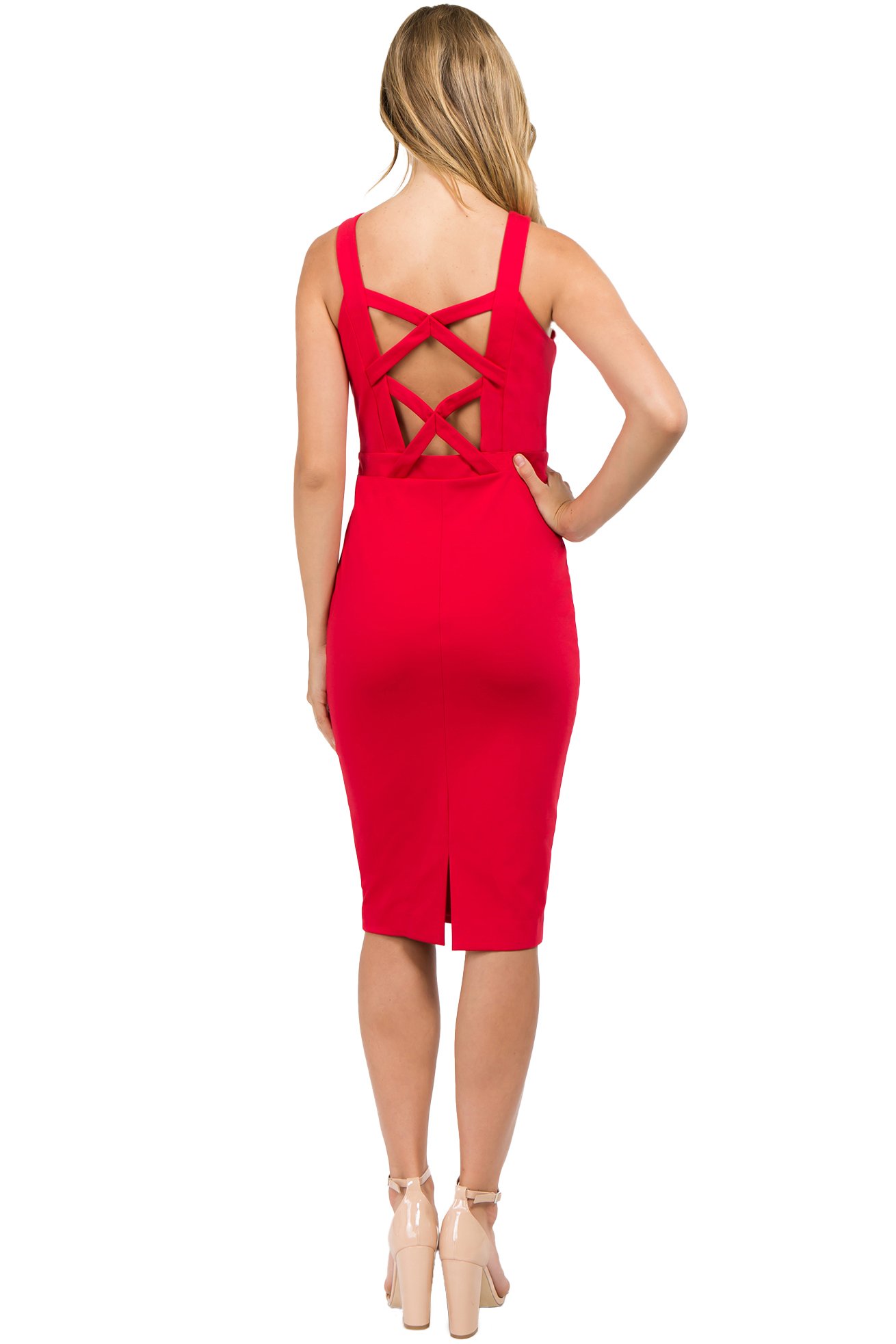 A stunning red Bondage Dress featuring a bodycon fit with strappy criss-cross details on the front and back, perfect for evening wear.