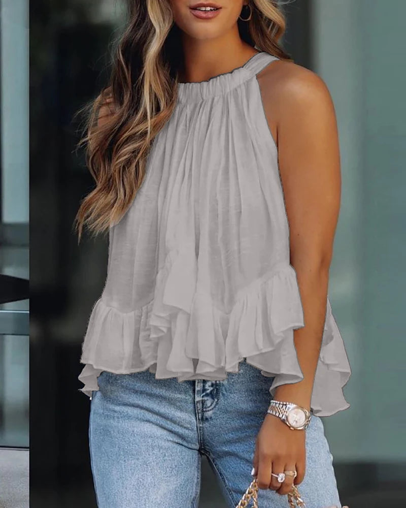 Casual Women Plunge Ruffles Sleeveless T-Shirt in solid color, showcasing elegant ruffles and a stylish summer design.