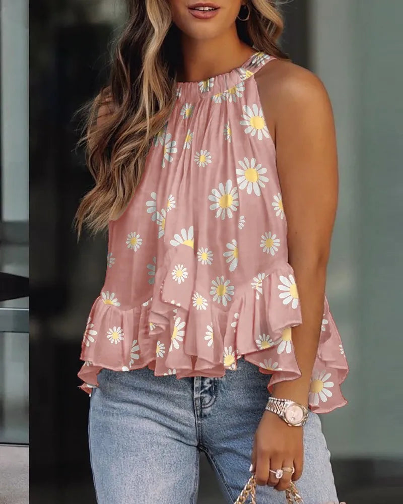 Casual Women Plunge Ruffles Sleeveless T-Shirt in solid color, showcasing elegant ruffles and a stylish summer design.