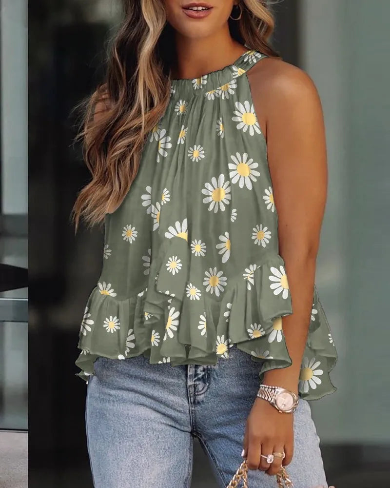 Casual Women Plunge Ruffles Sleeveless T-Shirt in solid color, showcasing elegant ruffles and a stylish summer design.