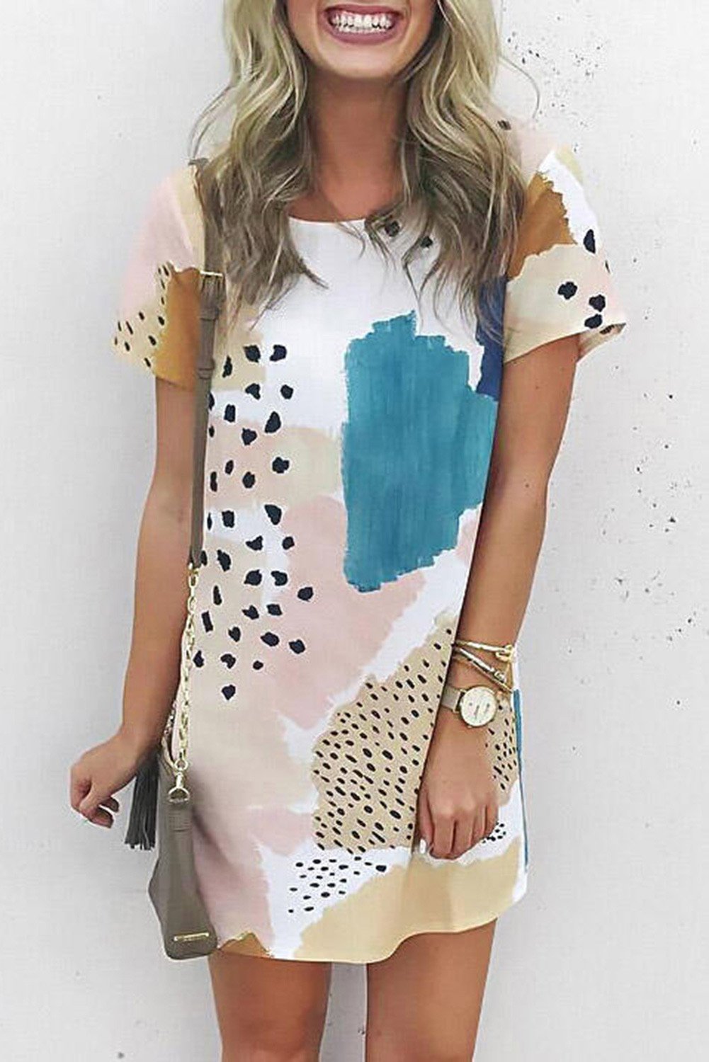 Cute light blue mini dress featuring leopard splicing and color block design, perfect for summer outings.