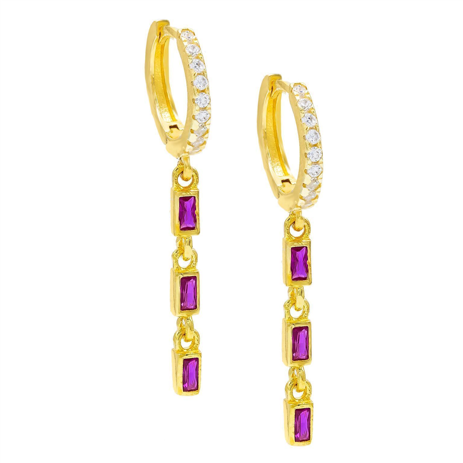 Dainty Dangle Pink Topaz Baugette Drop Earrings with Swarovski crystals, elegantly designed in 18K gold plating.
