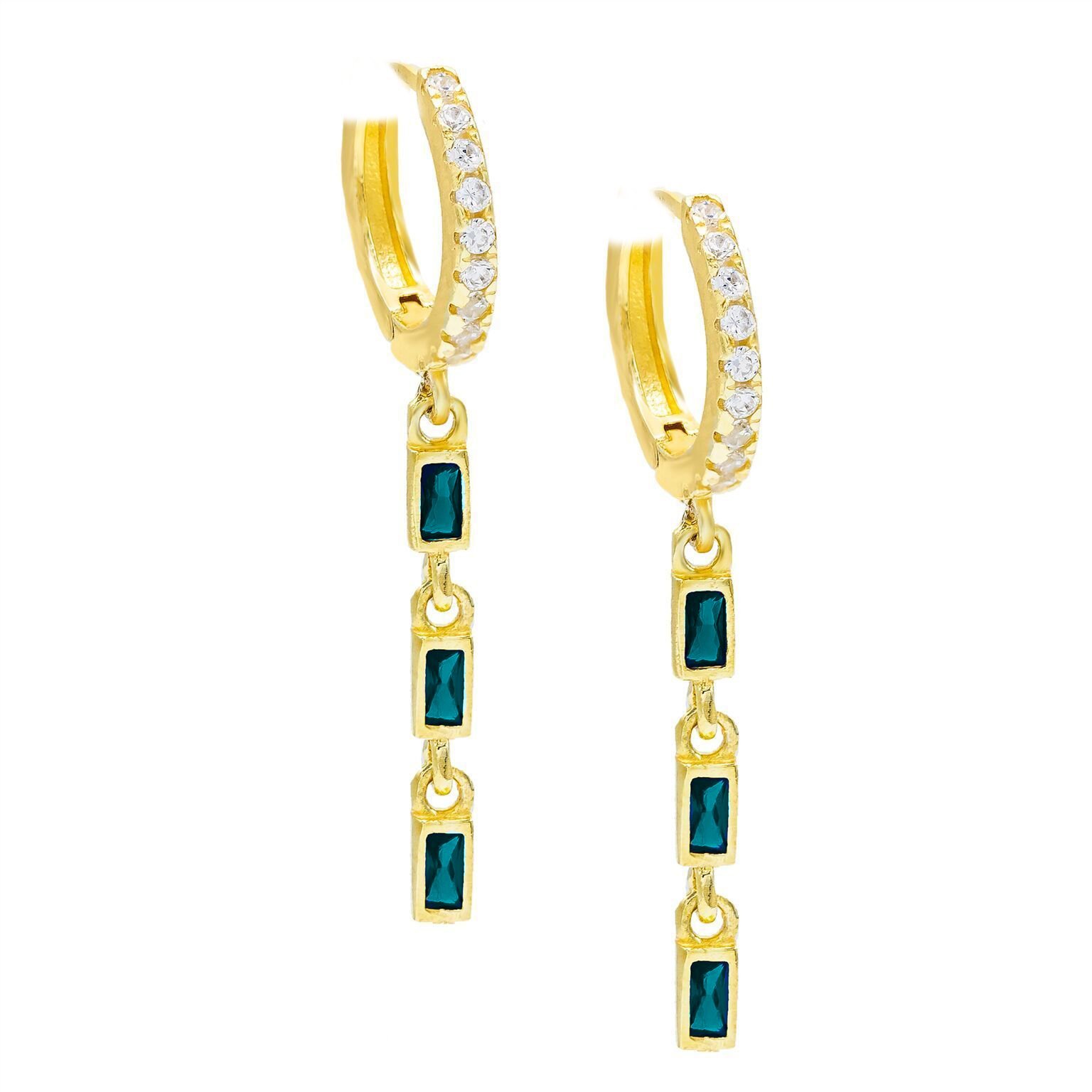 Dainty Dangle Sapphire Baugette Drop Earrings embellished with certified Swarovski crystals, featuring 18K gold plating and a comfortable design.