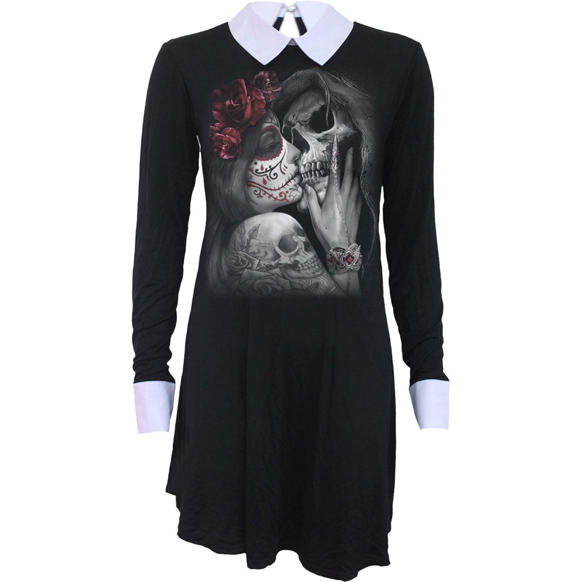 A stylish PeterPan Collar Baby Doll LS Dress featuring a dark aesthetic, made from soft viscose and elastane fabric, perfect for various occasions.