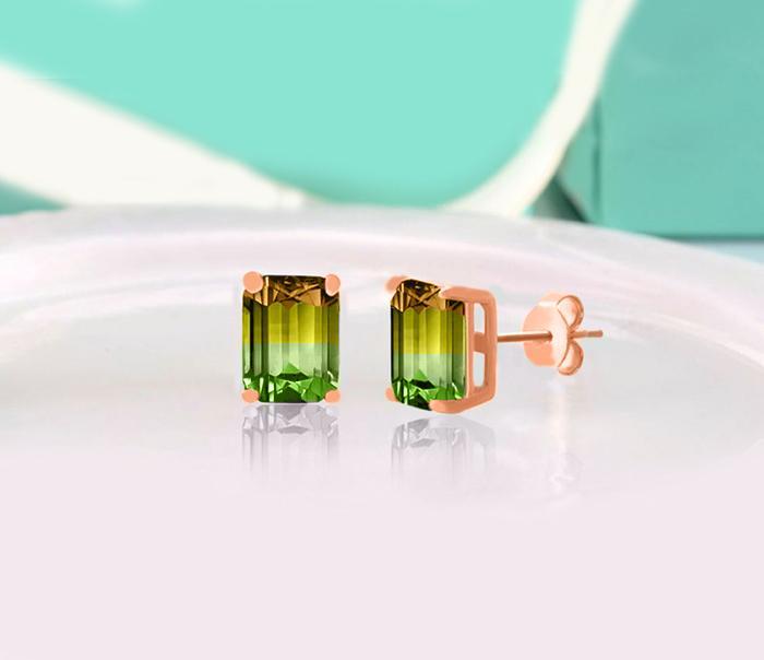 Emerald Cut Citrine Emerald Stud Earrings set in 18K rose gold, showcasing vibrant gemstones and elegant design.