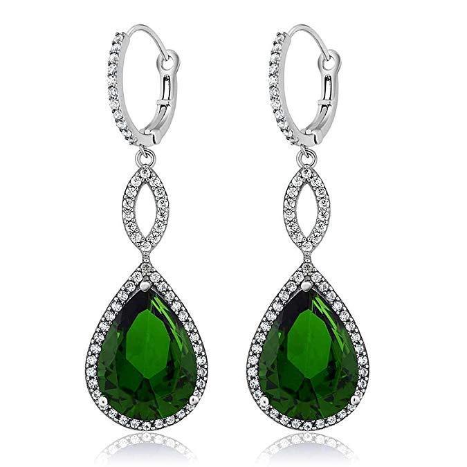 Emerald Pave Teardrop Infinity Drop earrings embellished with Swarovski crystals, featuring a luxurious 18K white gold plating.