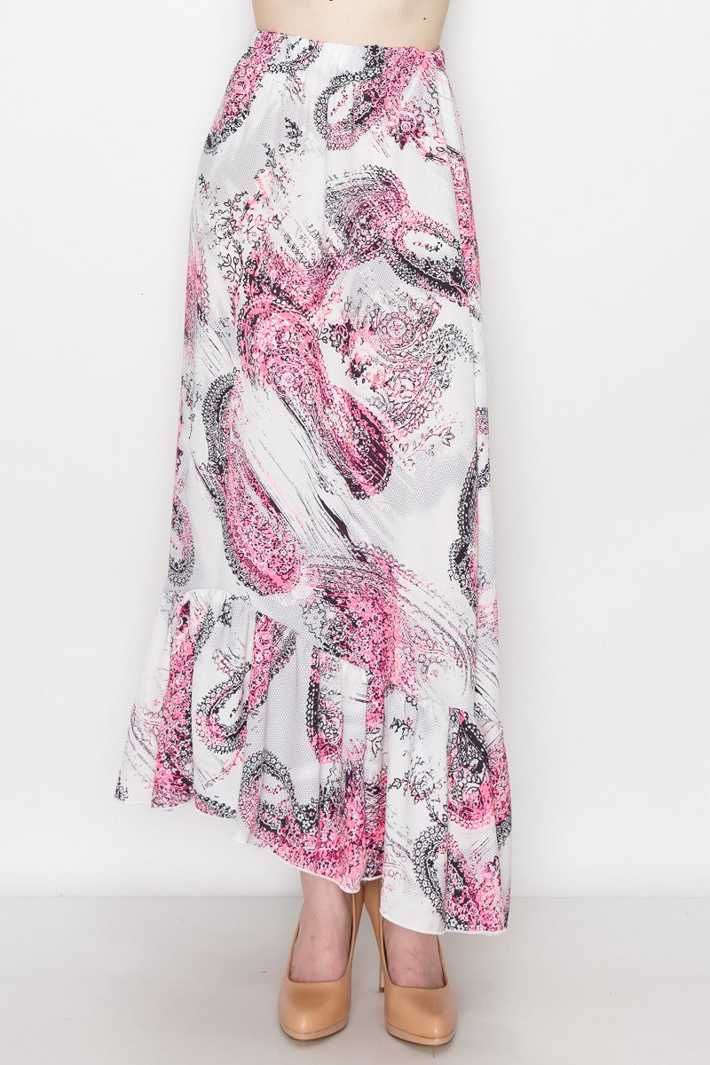 A stylish pink long skirt featuring a flared bottom and vibrant paisley print, perfect for casual to semi-formal occasions.