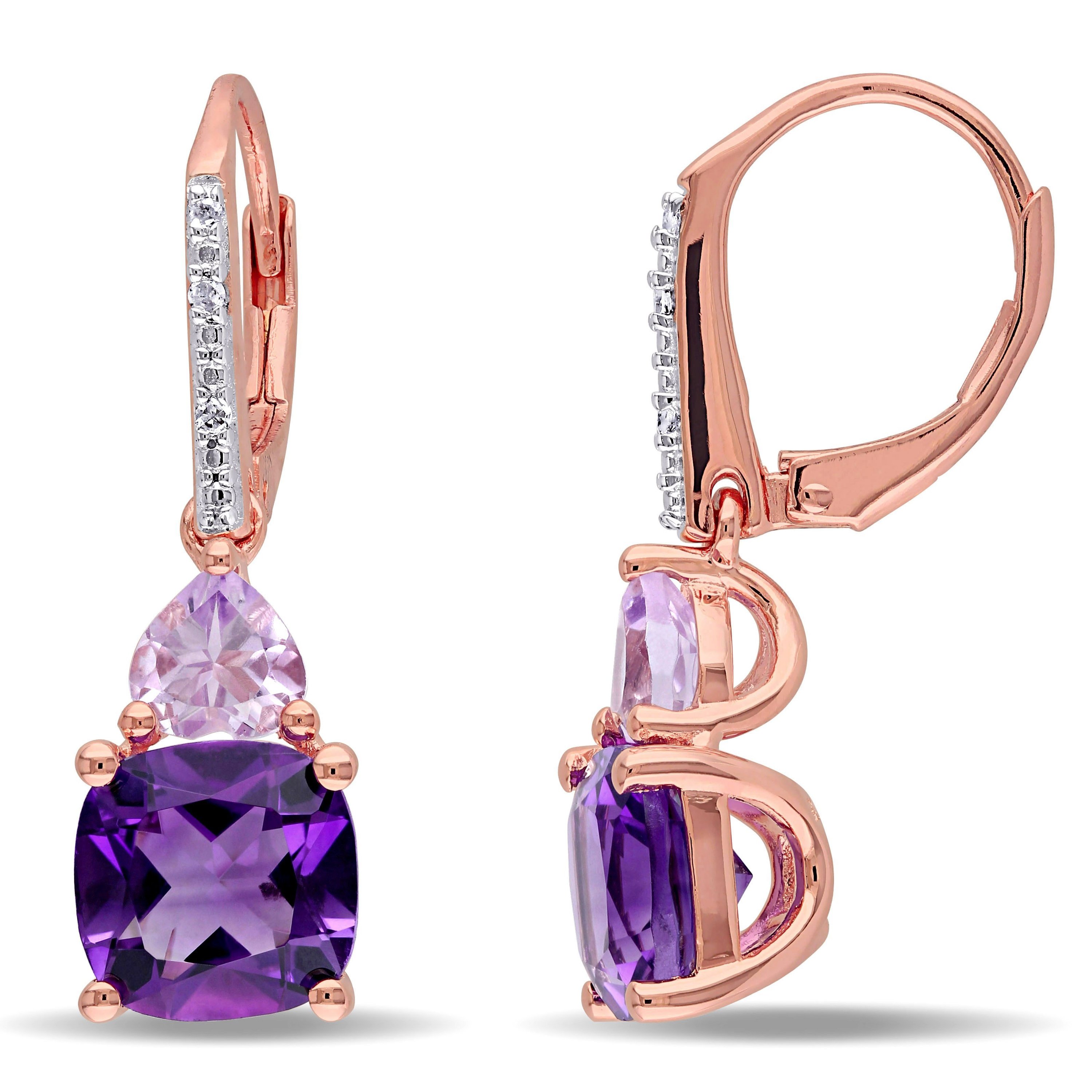Elegant Genuine Amethyst Round Gem Drop Earrings in 18K Rose Gold, showcasing the beautiful amethyst stones and luxurious design.