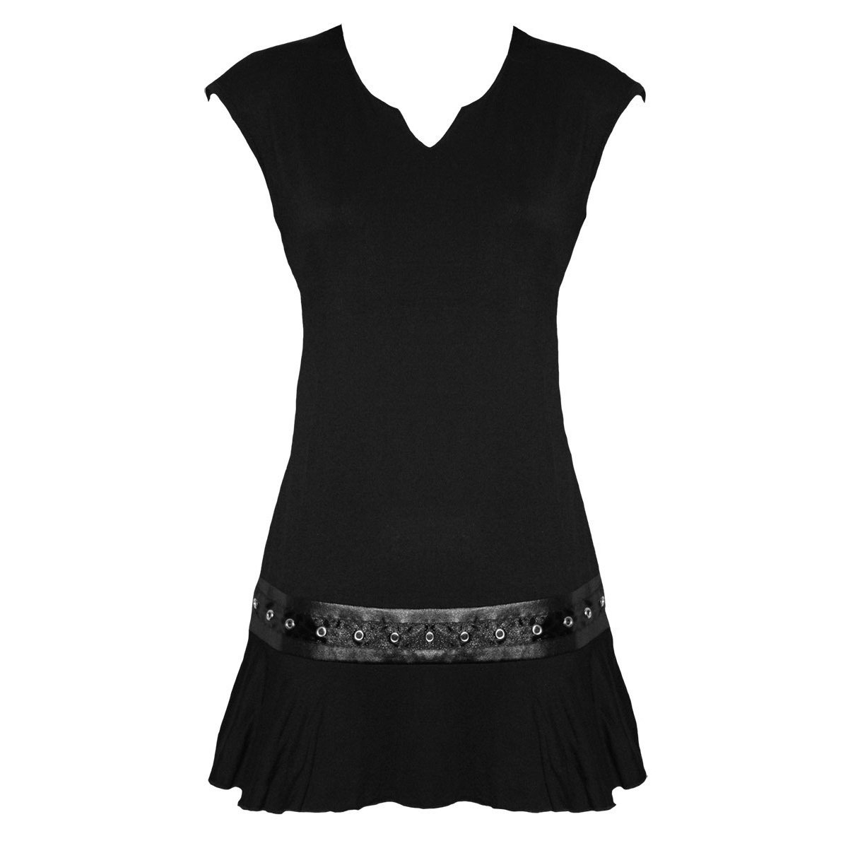 Gothic Rock Stud Waist Mini Dress in Black featuring a studded waist design, made from soft viscose and elastane blend fabric.
