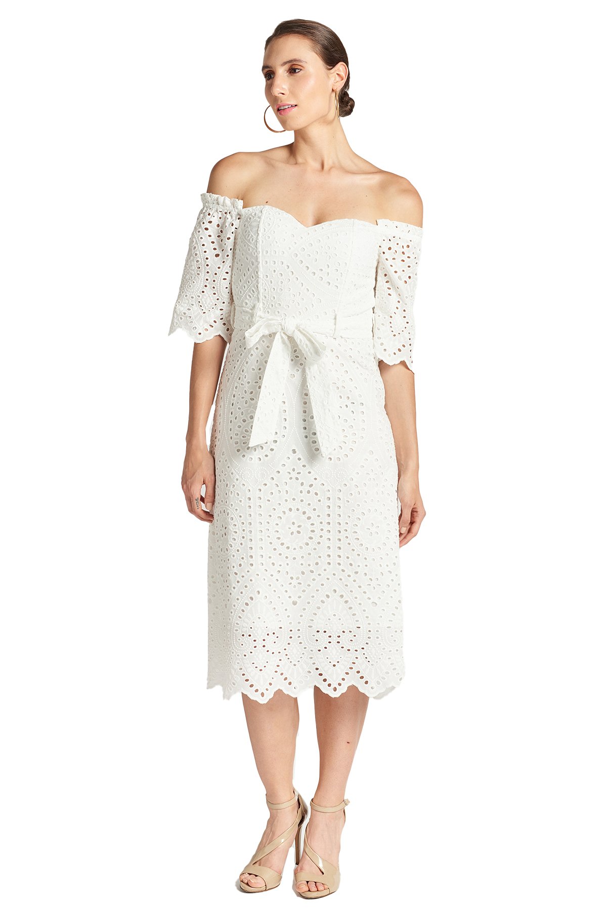 Jasmine off the shoulder a-line midi eyelet dress in white, featuring a sweetheart neckline and scalloped hems, perfect for summer events.