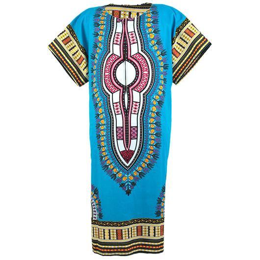 A vibrant blue Kaftan Long African Dress featuring traditional Dashiki prints, showcasing its elegant ankle-length design and comfortable fit.