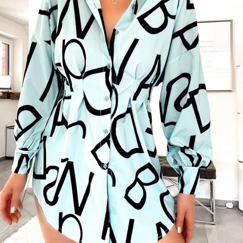 A stylish letter print long sleeve shirt dress for women, featuring a high waist and puff sleeves, perfect for autumn fashion.