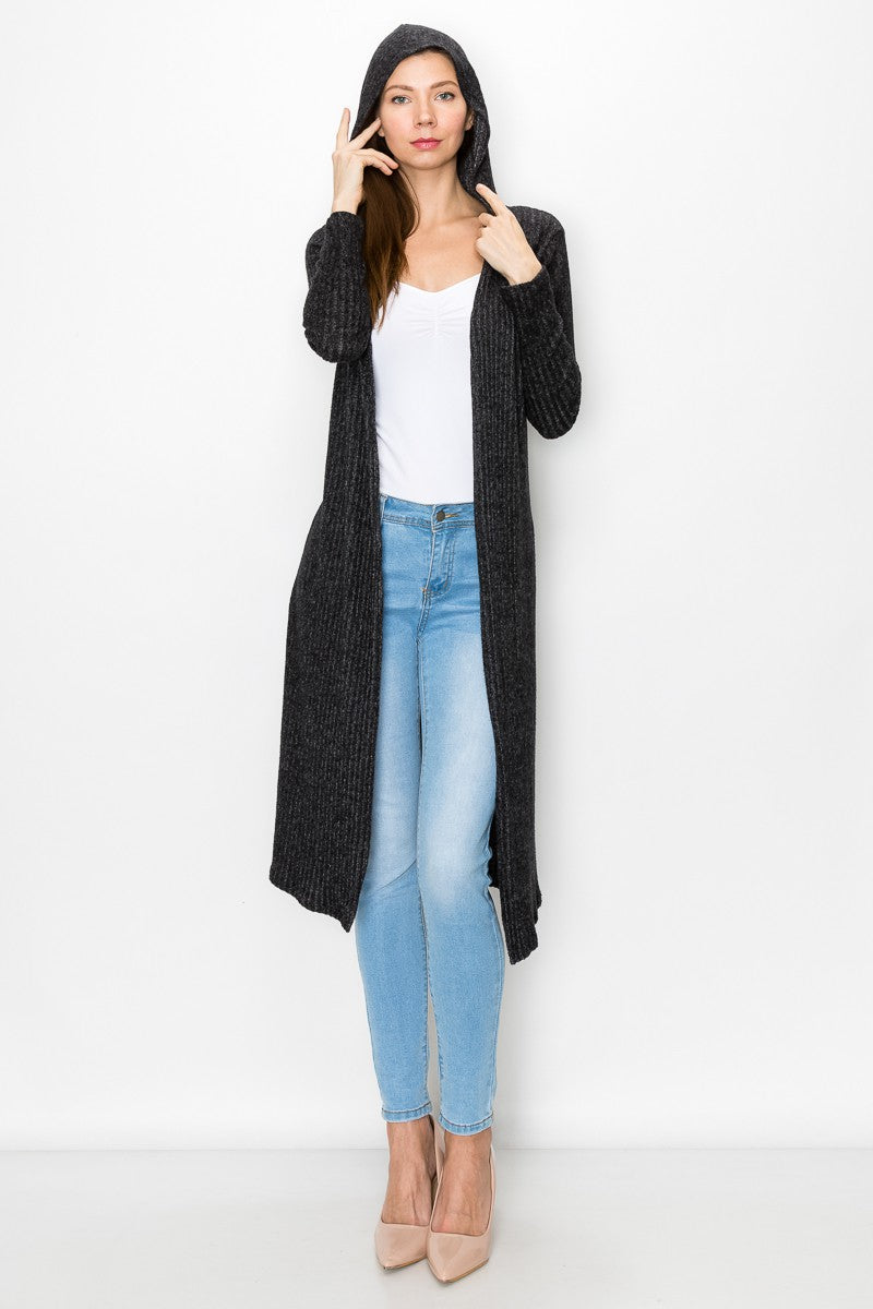 A stylish black long sleeve hooded cardigan, knee-length, perfect for casual wear.