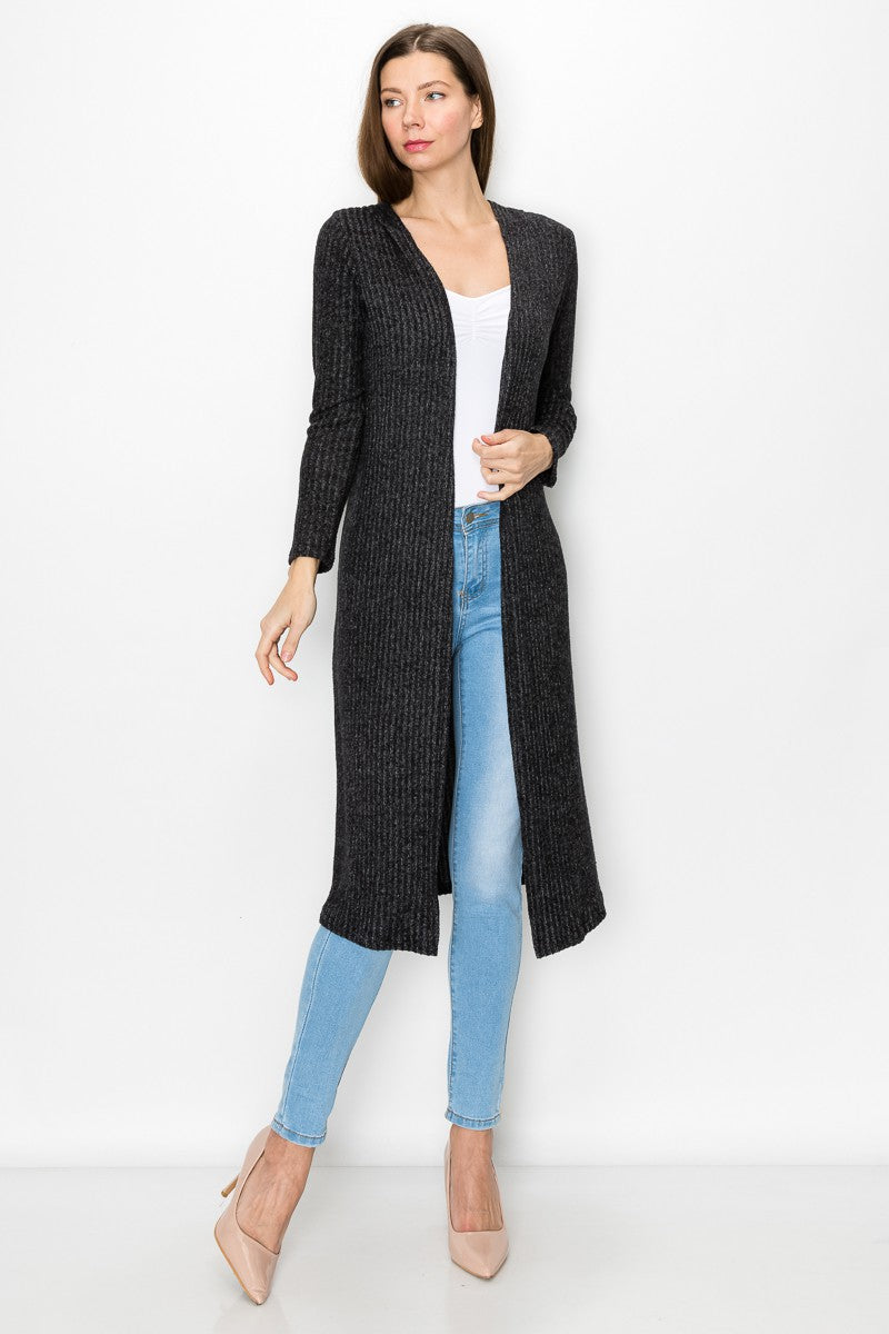 A stylish black long sleeve hooded cardigan, knee-length, perfect for casual wear.