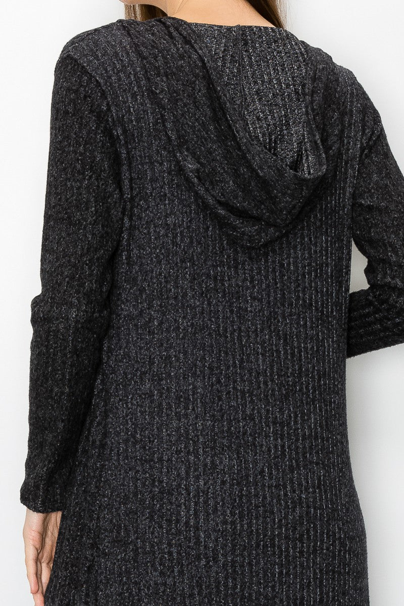 A stylish black long sleeve hooded cardigan, knee-length, perfect for casual wear.