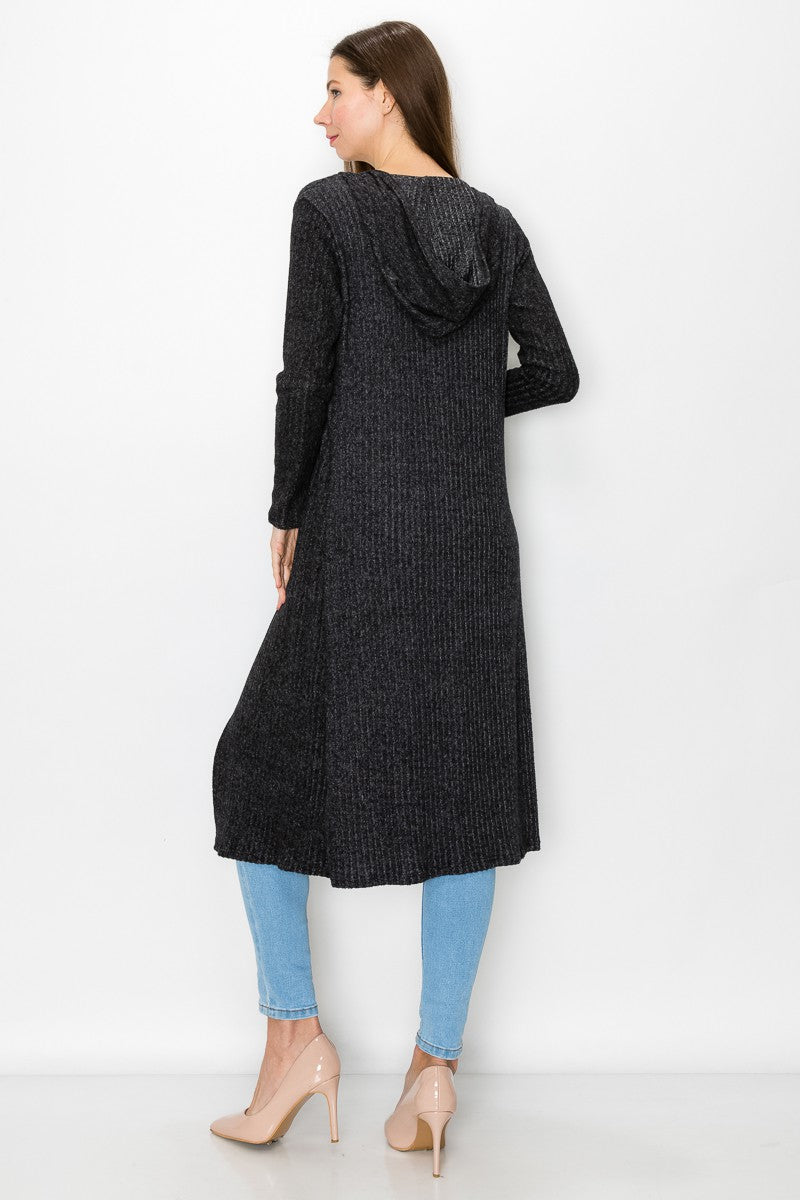 A stylish black long sleeve hooded cardigan, knee-length, perfect for casual wear.