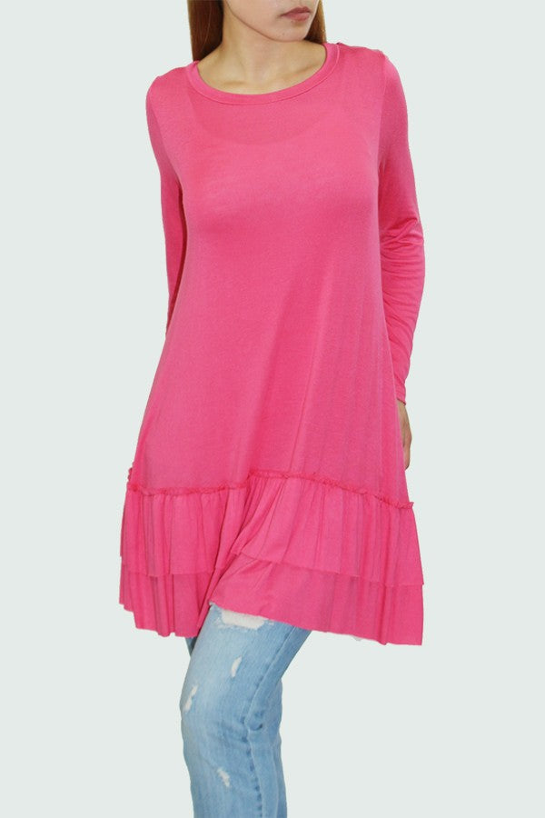 Long Sleeve Pleated Bottom Tunic in Coral featuring a round neck and stylish pleated bottom design.